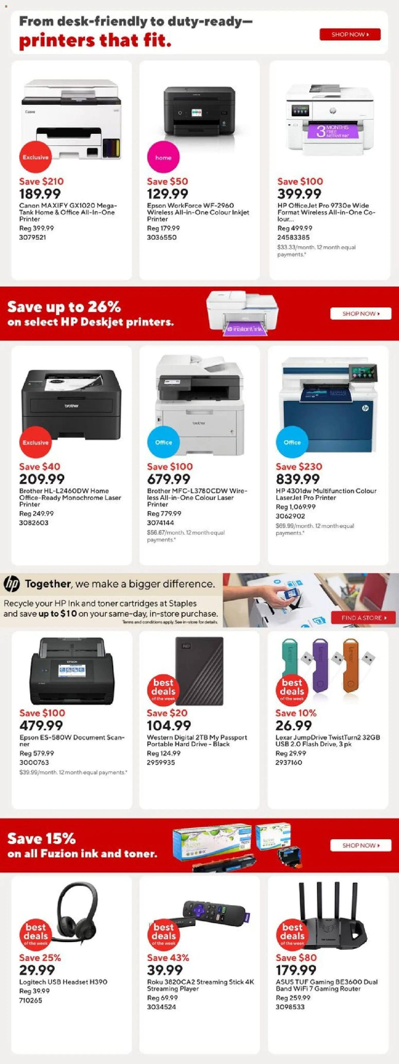 Staples flyer valid from 24.10.2025 | Page: 9 | Products: Printer, Player, Toner