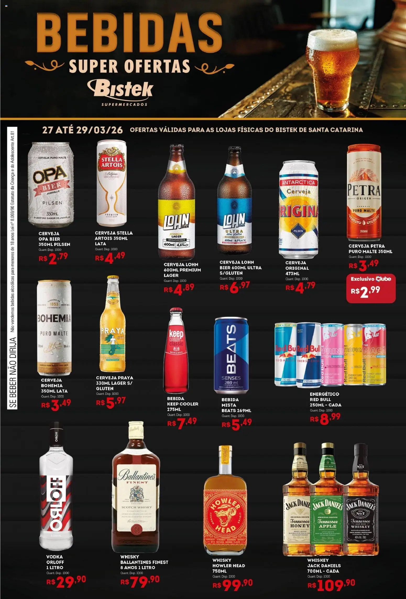 Bistek Supermercados Folheto - válido de 27.03.2026 | Página: 1 | Produtos: Whisky, Cerveja, Chá, Vodka