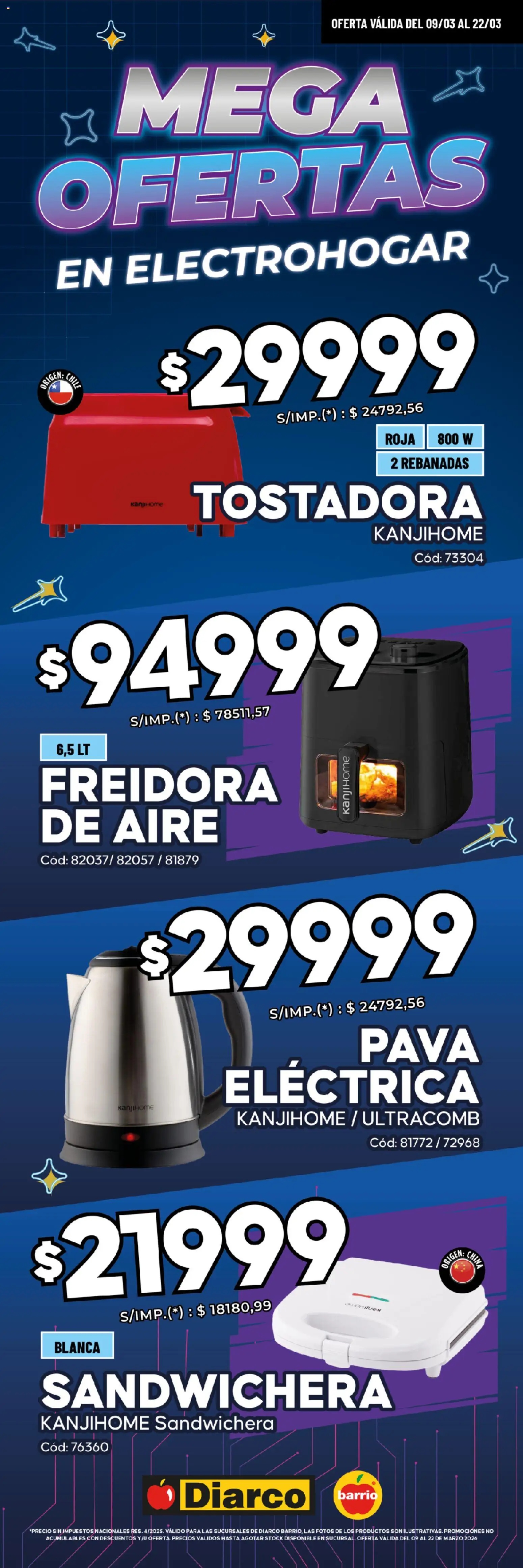 Diarco - MEGAOFERTAS ELECTROHOGAR │ válido desde el 09.03.2026 | Página: 1 | Productos: Pava, Sandwichera, Tostadora, Freidora de aire
