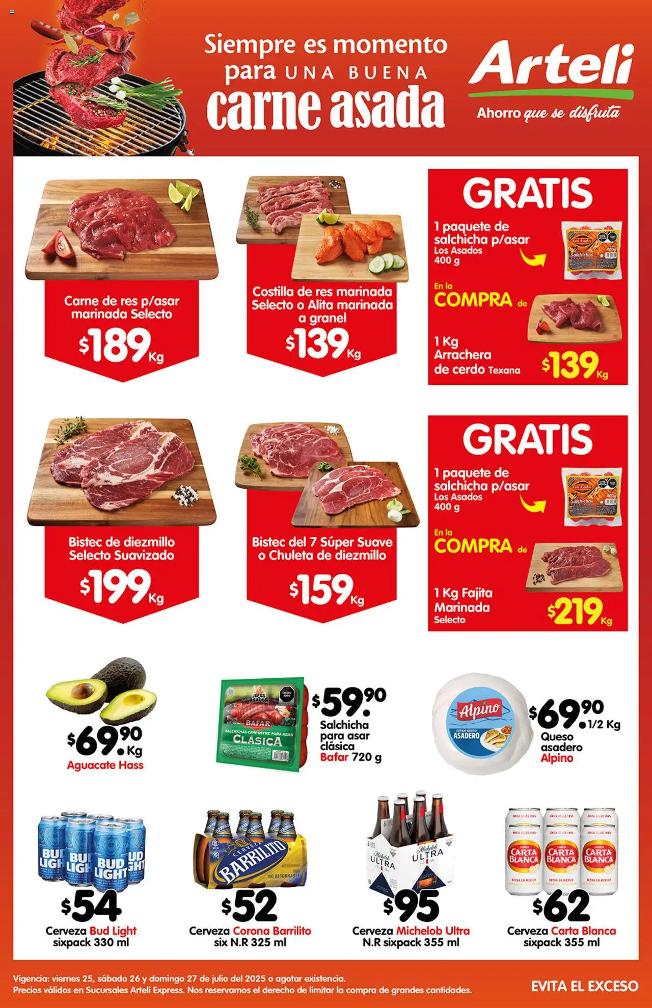 Nuevas ofertas de Arteli válidas en toda la República Mexicana desde el 25.07.2025. ¡Encuentra las mejores ofertas en Arteli Carne Express! | Página: 1 | Productos: Salchicha, Queso, Aguacate, Res