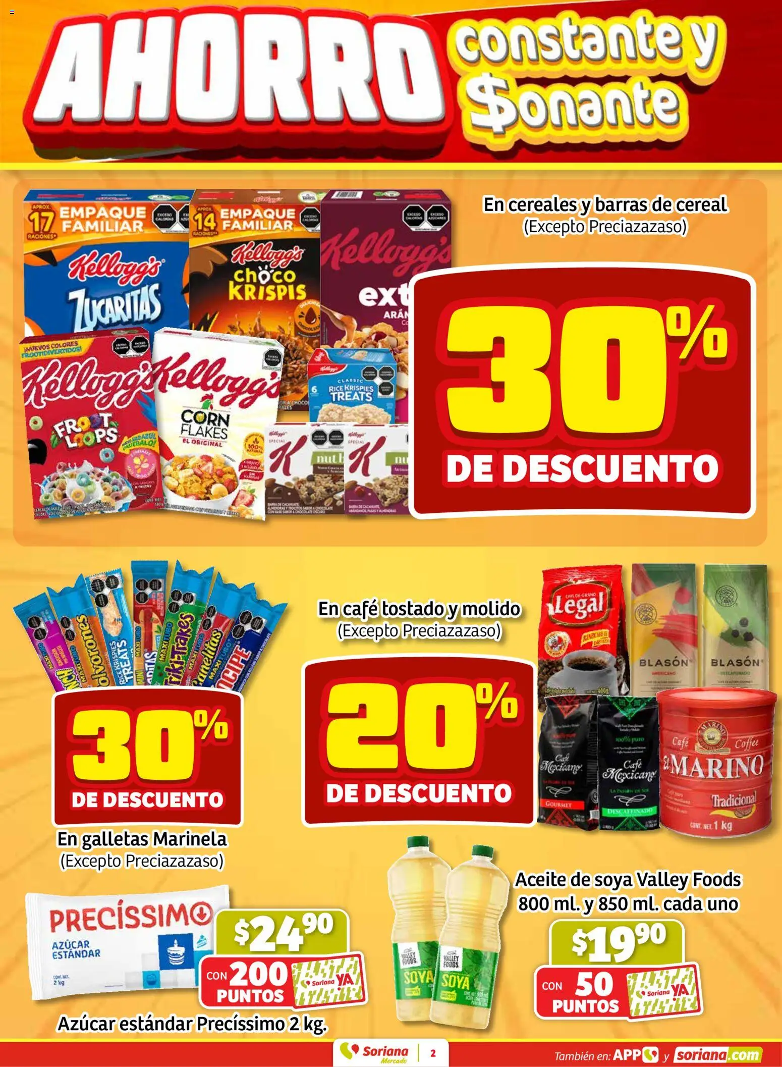 Nuevas ofertas de Soriana válidas en toda la República Mexicana desde el 29.01.2026. ¡Encuentra las mejores ofertas en Soriana - Fin de Semana Mercado: Ags, Nay, Jal, Qro, Col, Mich, Gto, Hgo, Tlax, Mor, Pue, Gro, Oax, Edo. de Mex, CDMX, Zac y SLP! | Página: 2 | Productos: Azúcar, Aceite, Café, Chocolate