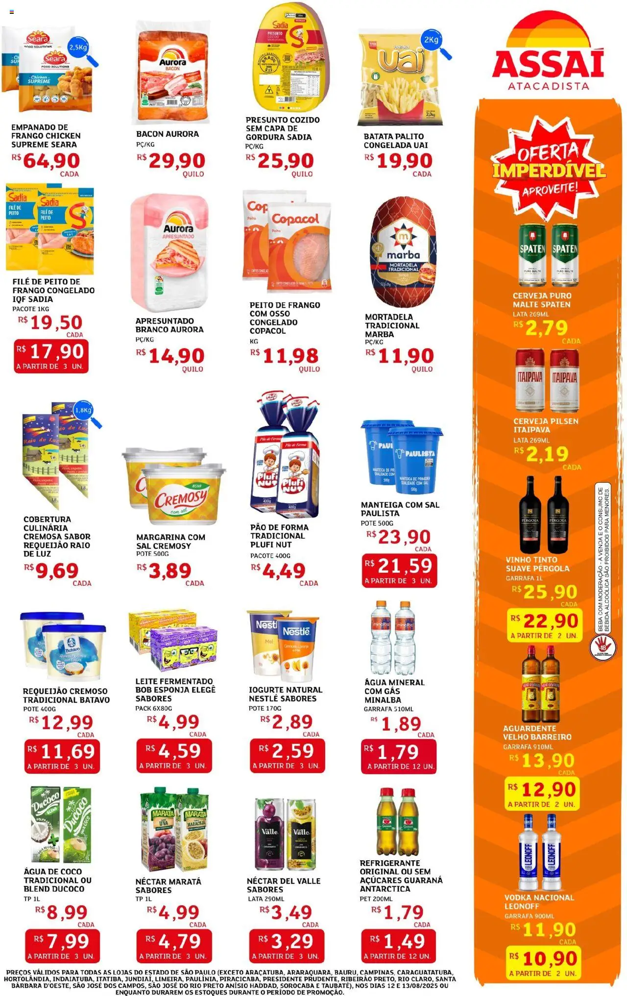 Assaí Atacadista Folheto - válido de 12.08.2025 | Página: 3 | Produtos: Manteiga, Mortadela, Bebida, Peito de frango