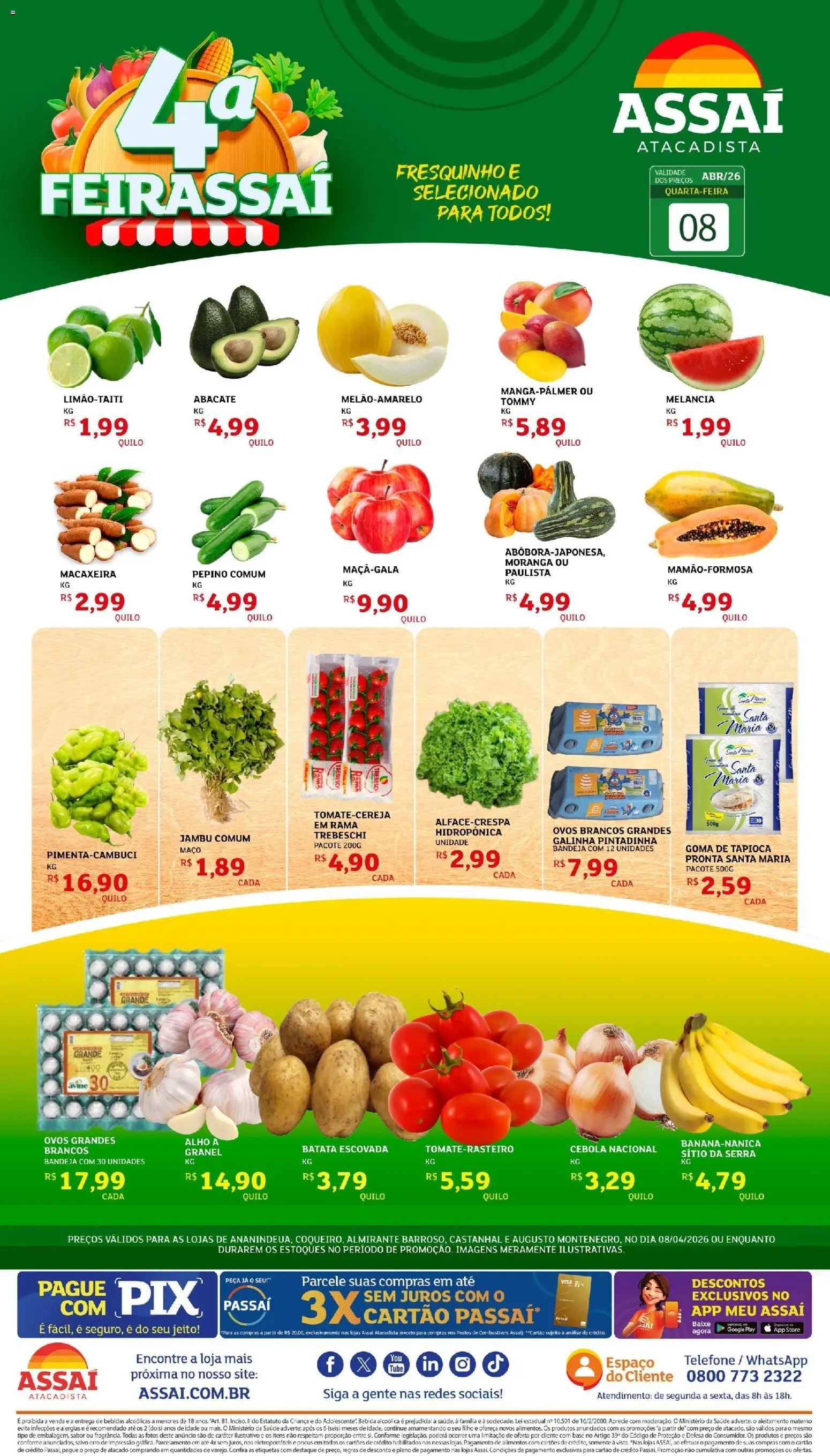 Assaí Atacadista Folheto - válido de 08.04.2026 | Página: 1 | Produtos: Alho, Pneus, Base, Bebida