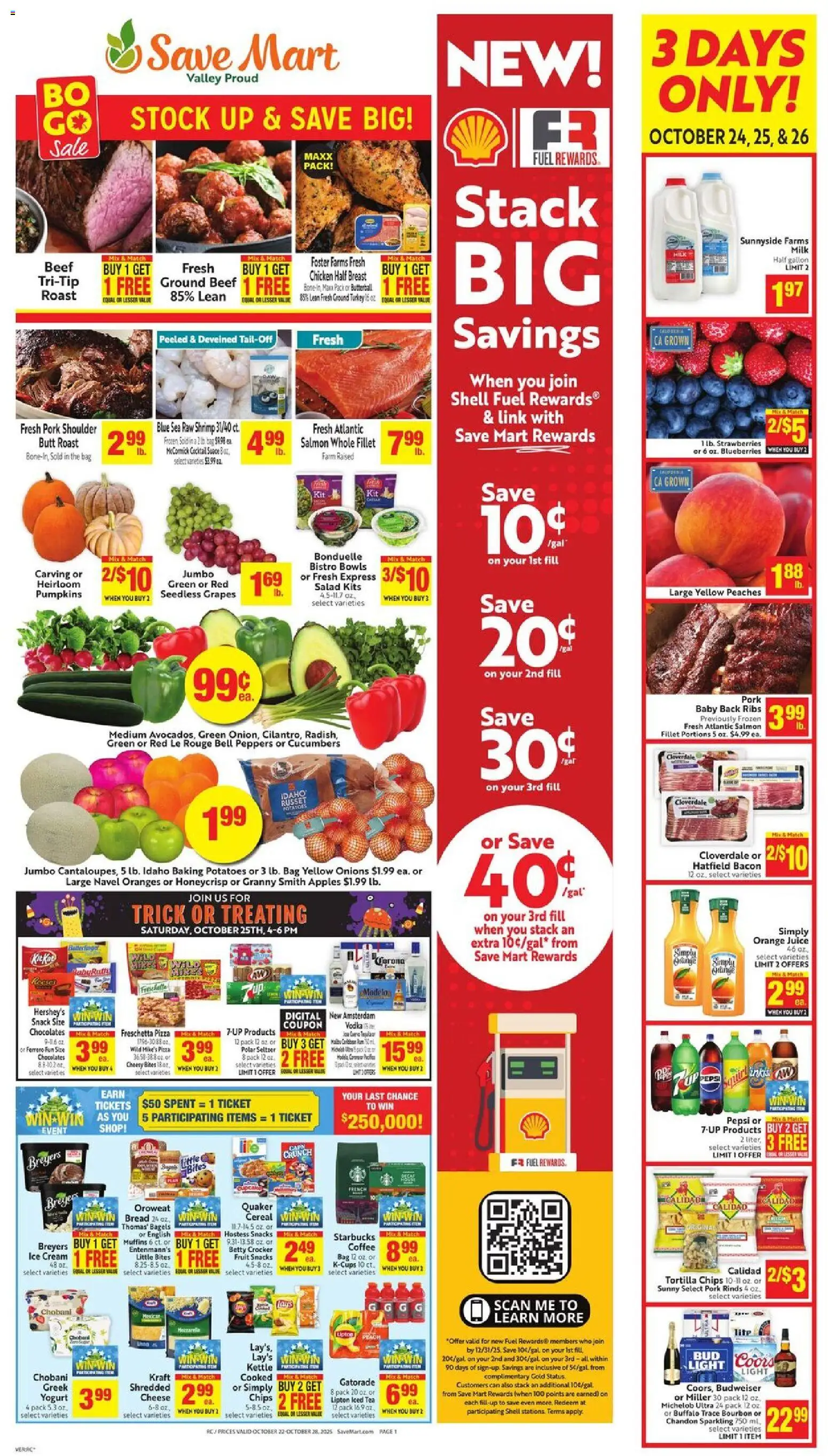 Save Mart Weekly Ad - valid from 22.10.2025 | Page: 1 | Products: Yogurt, Bourbon, Strawberries, Grapes