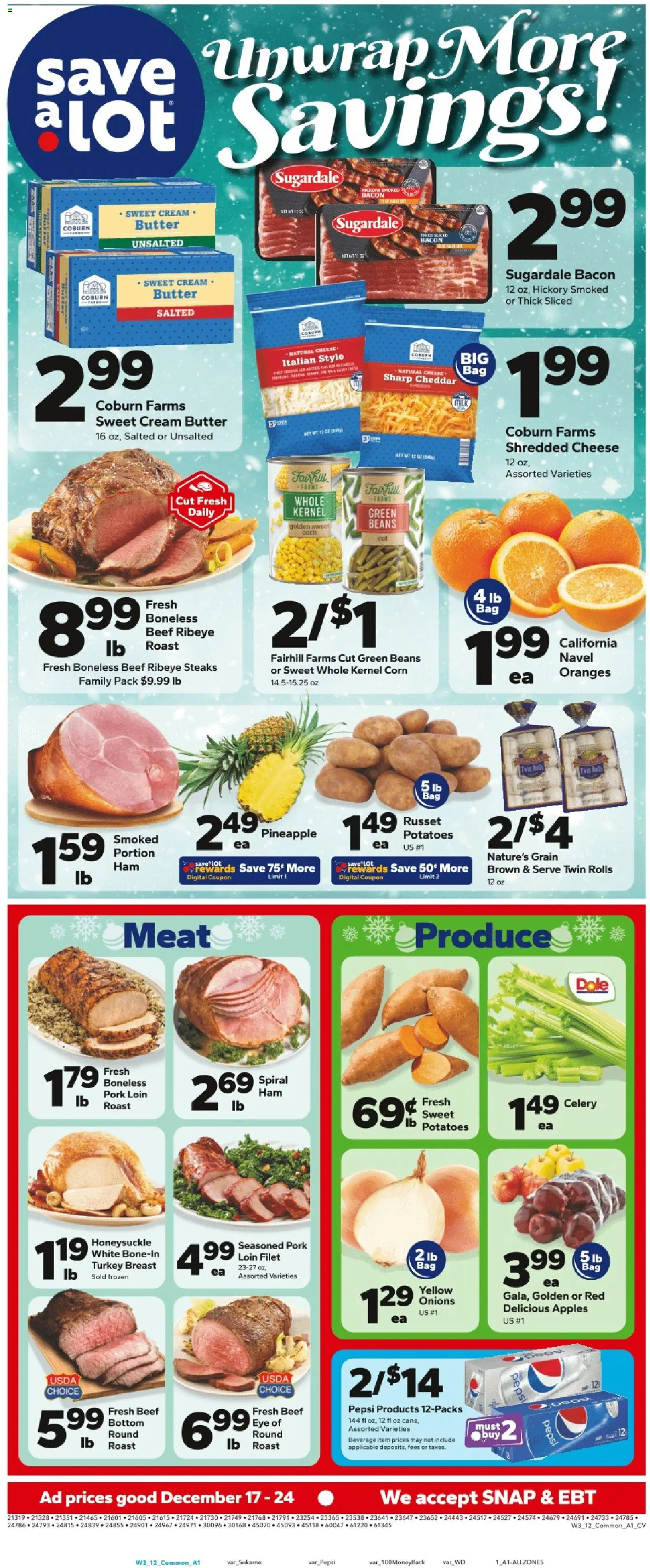 Save a Lot Ad - valid from 17.12.2025 | Page: 1 | Products: Cheese, Pork, Apples, Potatoes