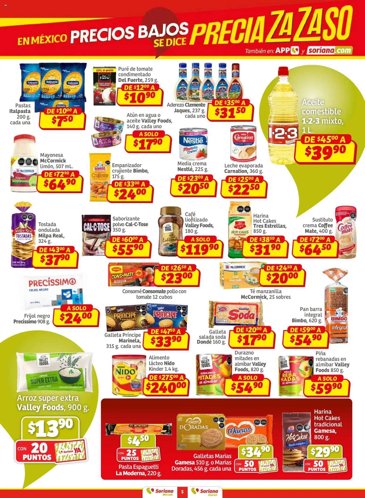Nuevas ofertas de Soriana válidas en toda la República Mexicana desde el 02.01.2026. ¡Encuentra las mejores ofertas en Soriana - Pesito Valedor Mercado: Camp, Chia, Oax, Q. Roo, Tab, Yuc! | Página: 5 | Productos: Pan, Pure de Tomate, Piña, Pasta