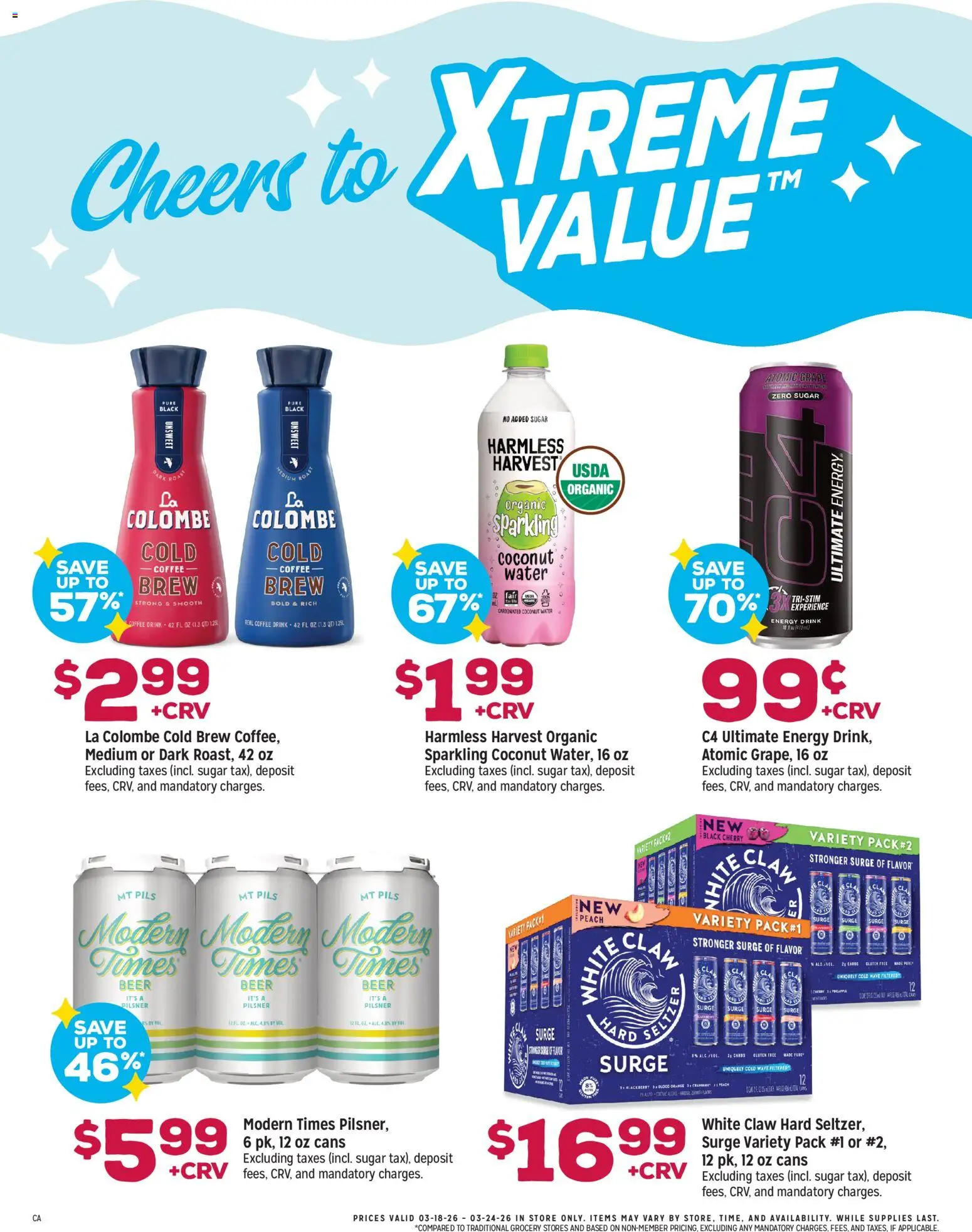 Grocery Outlet Weekly Ad - CA - valid from 18.03.2026 | Page: 3 | Products: Beer, Water, Sugar, Peach