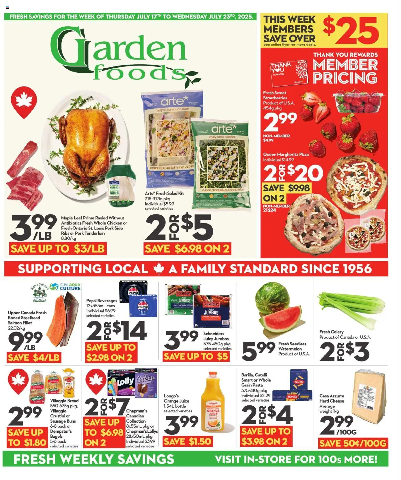 Longo's flyer valid from 17.07.2025 | Page: 1 | Products: Cheese, Bread, Pizza, Chicken