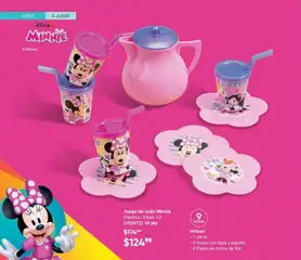 Vista previa de Juego de soda Minnie, Plástico. Edad: +3. Incluye: 1 Jarra, 4 Vasos con tapa y popote, 4 Platos en forma de flor. 9 piezas., nuevo folleto de la tienda, válido en México a partir del 02.04.2026 | Página: 182 | Productos: Juego, Vasos