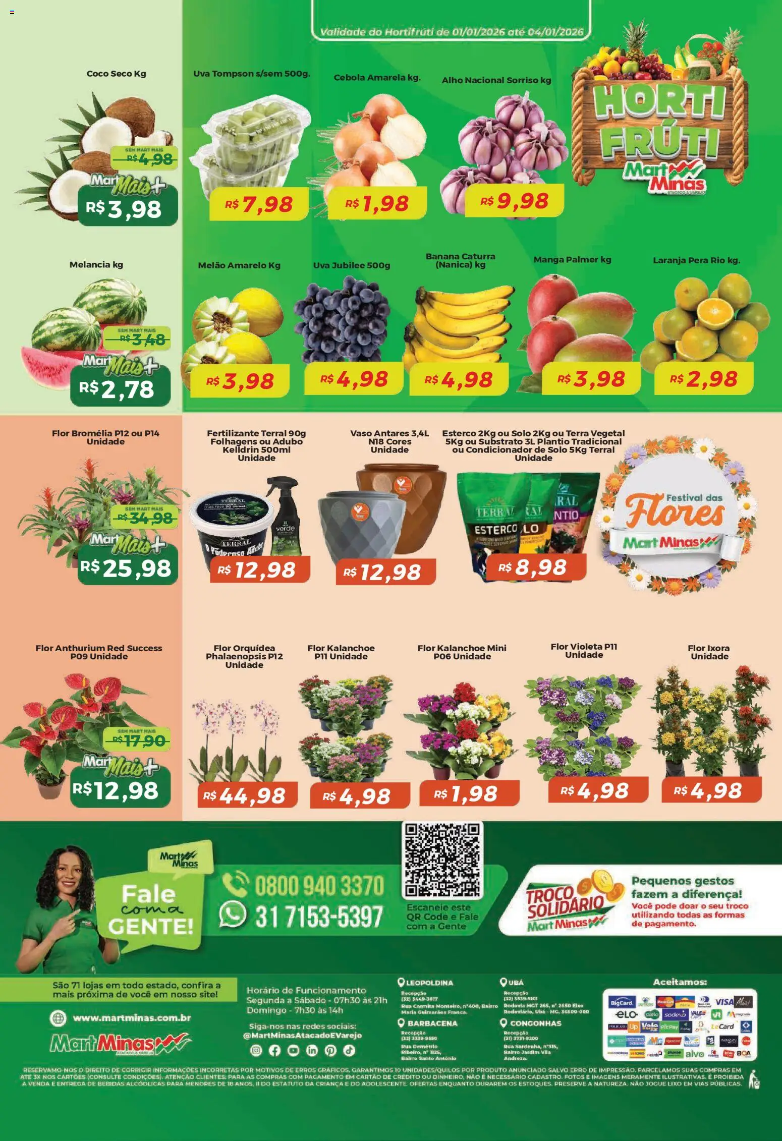 Mart Minas Folheto - válido de 02.01.2026 | Página: 8 | Produtos: Melão, Alho, Cebola, Flores