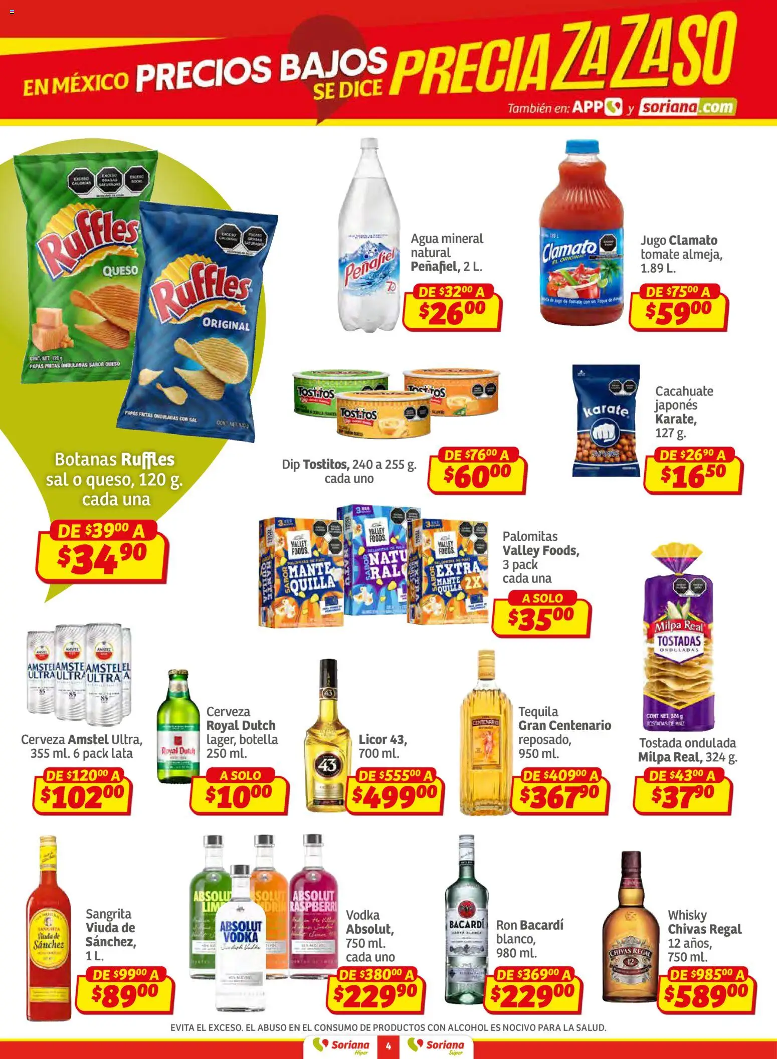 Nuevas ofertas de Soriana válidas en toda la República Mexicana desde el 02.01.2026. ¡Encuentra las mejores ofertas en Soriana - Preciazazaso Híper: Ags, Col, Gto, Jal, Mich! | Página: 4 | Productos: Tomate, Jugo, Papas fritas, Vodka