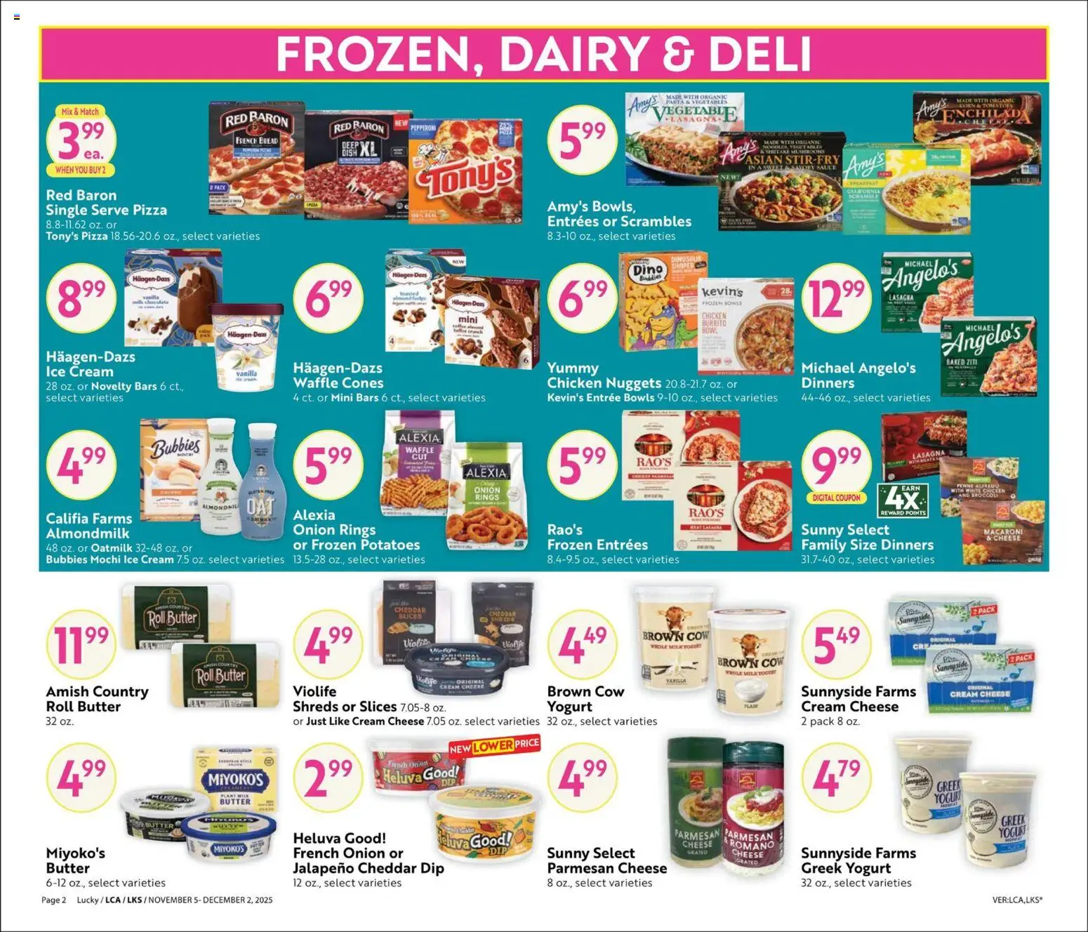 Lucky Supermarkets Big Book of Savings - valid from 05.11.2025 | Page: 2 | Products: Butter, Pizza, Ice cream, Potatoes