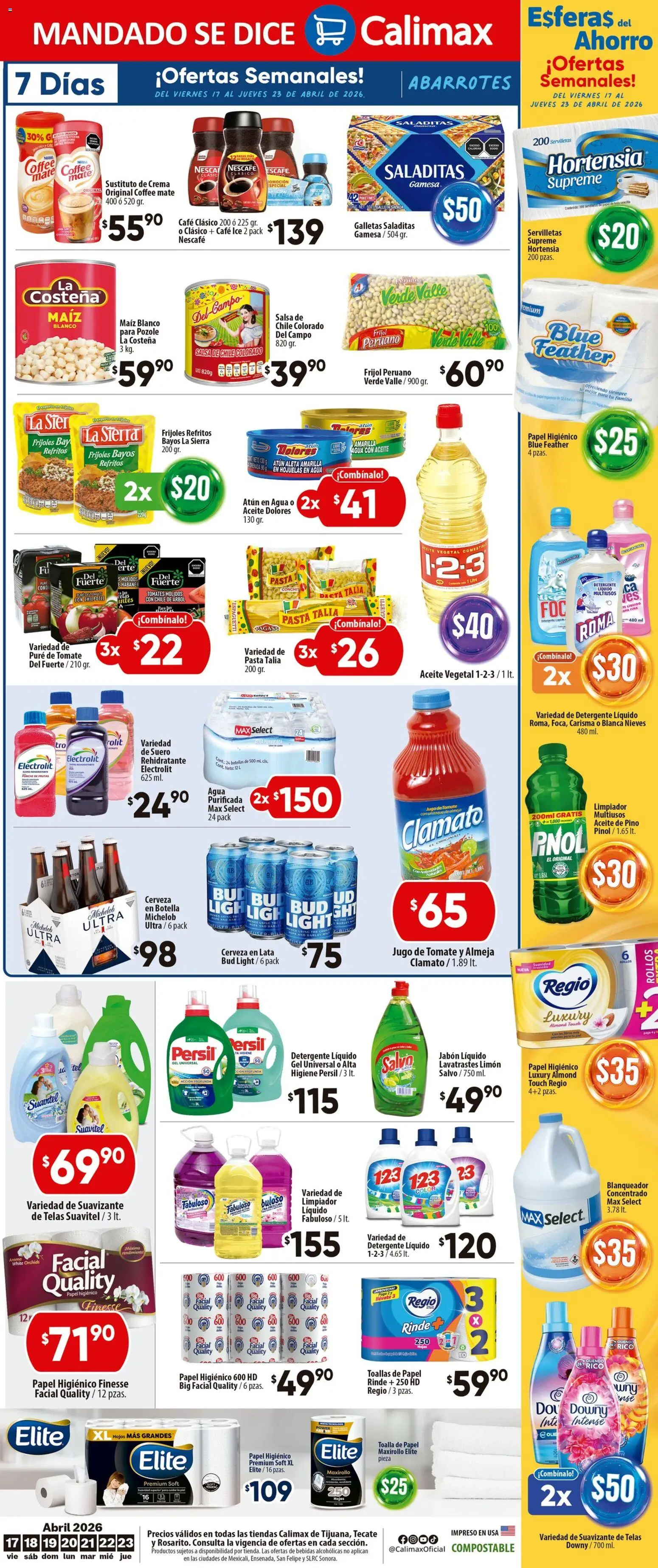 Nuevas ofertas de Calimax válidas en toda la República Mexicana desde el 17.04.2026. ¡Encuentra las mejores ofertas en Calimax folleto Rosarito! | Página: 6 | Productos: Pasta, Botella, Té, Servilletas