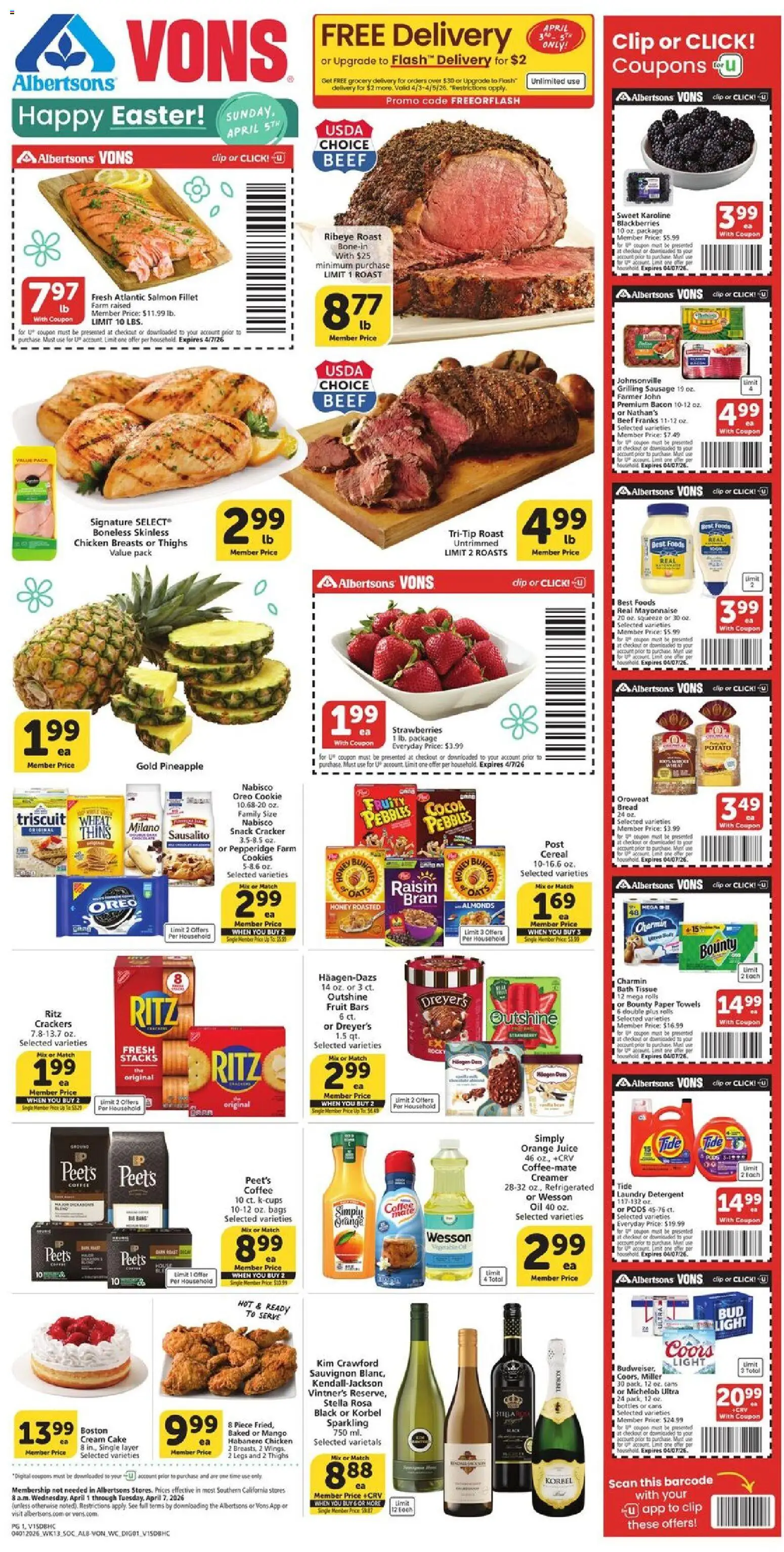 Vons Weekly Ad - valid from 01.04.2026 | Page: 1 | Products: Clip, Bread, Cream, Cream Cake