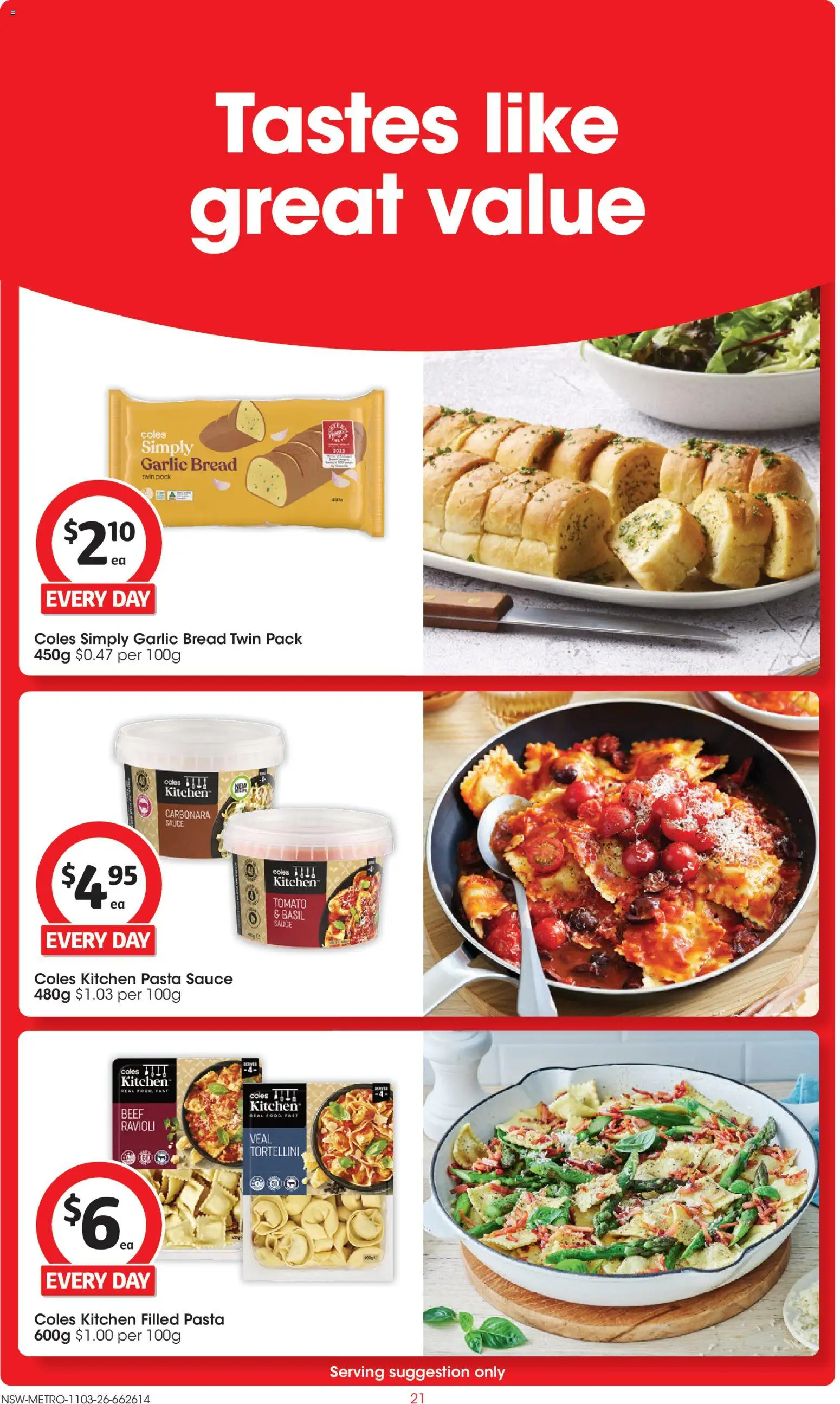 Coles catalogue - valid from 11.03.2026 | Page: 21 | Products: Bread, Pasta, Sauce, Garlic