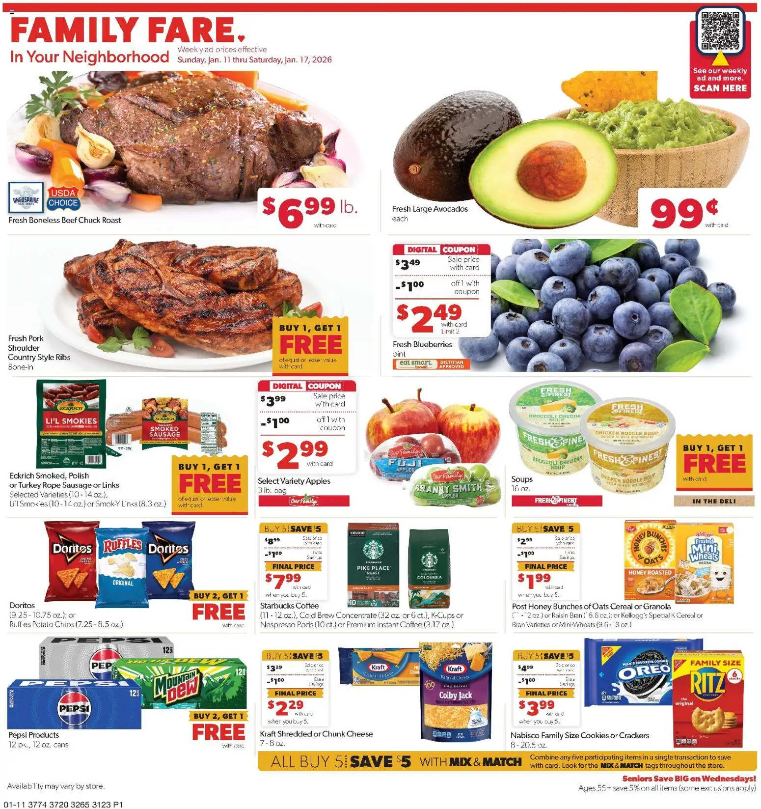 Family Fare Weekly Ad - valid from 11.01.2026 | Page: 1 | Products: Coffee, Pork, Apples, Blueberries
