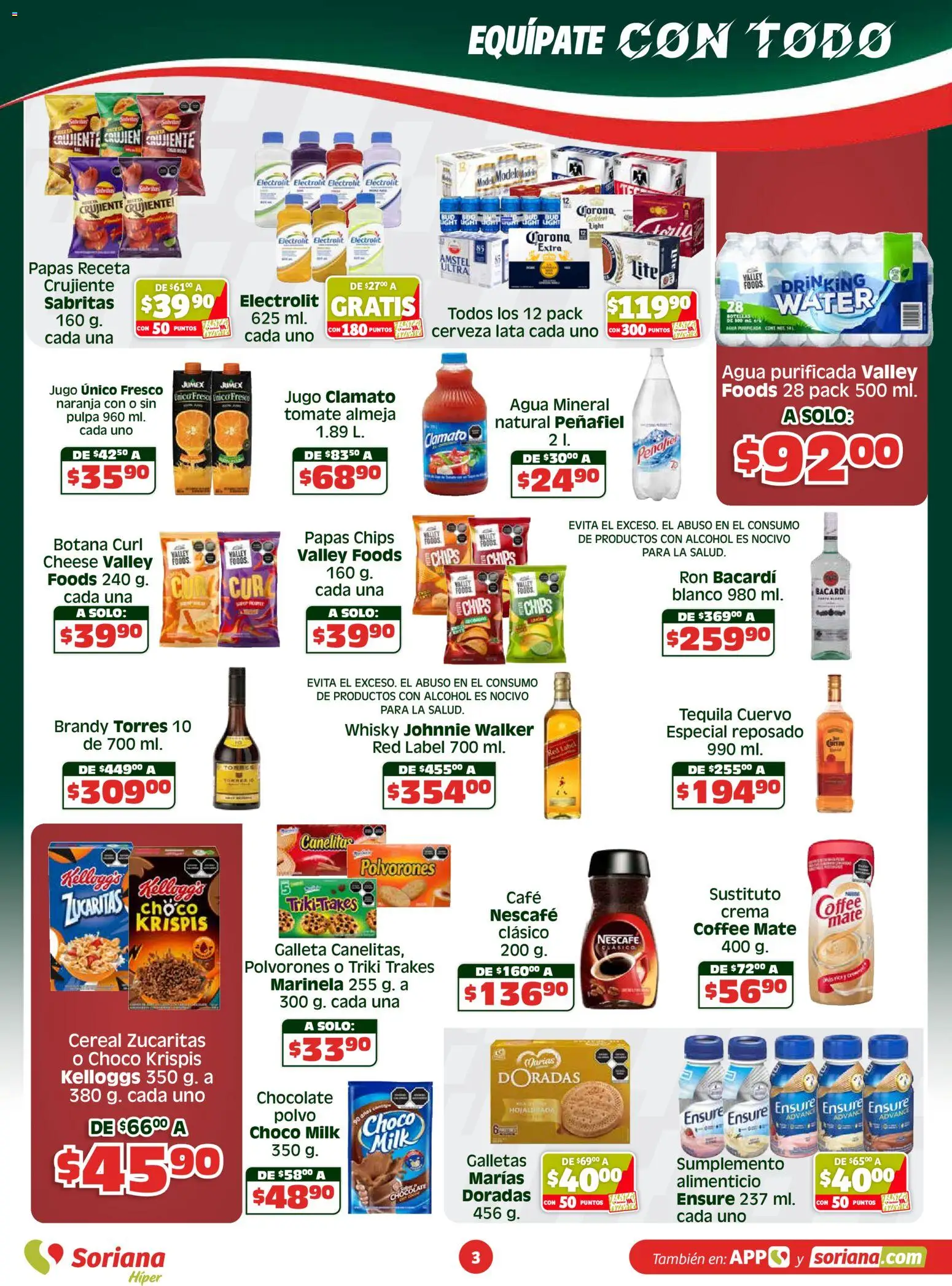 Nuevas ofertas de Soriana válidas en toda la República Mexicana desde el 15.04.2026. ¡Encuentra las mejores ofertas en Soriana folleto! | Página: 3 | Productos: Chocolate, Cerveza, Whisky, Polvo