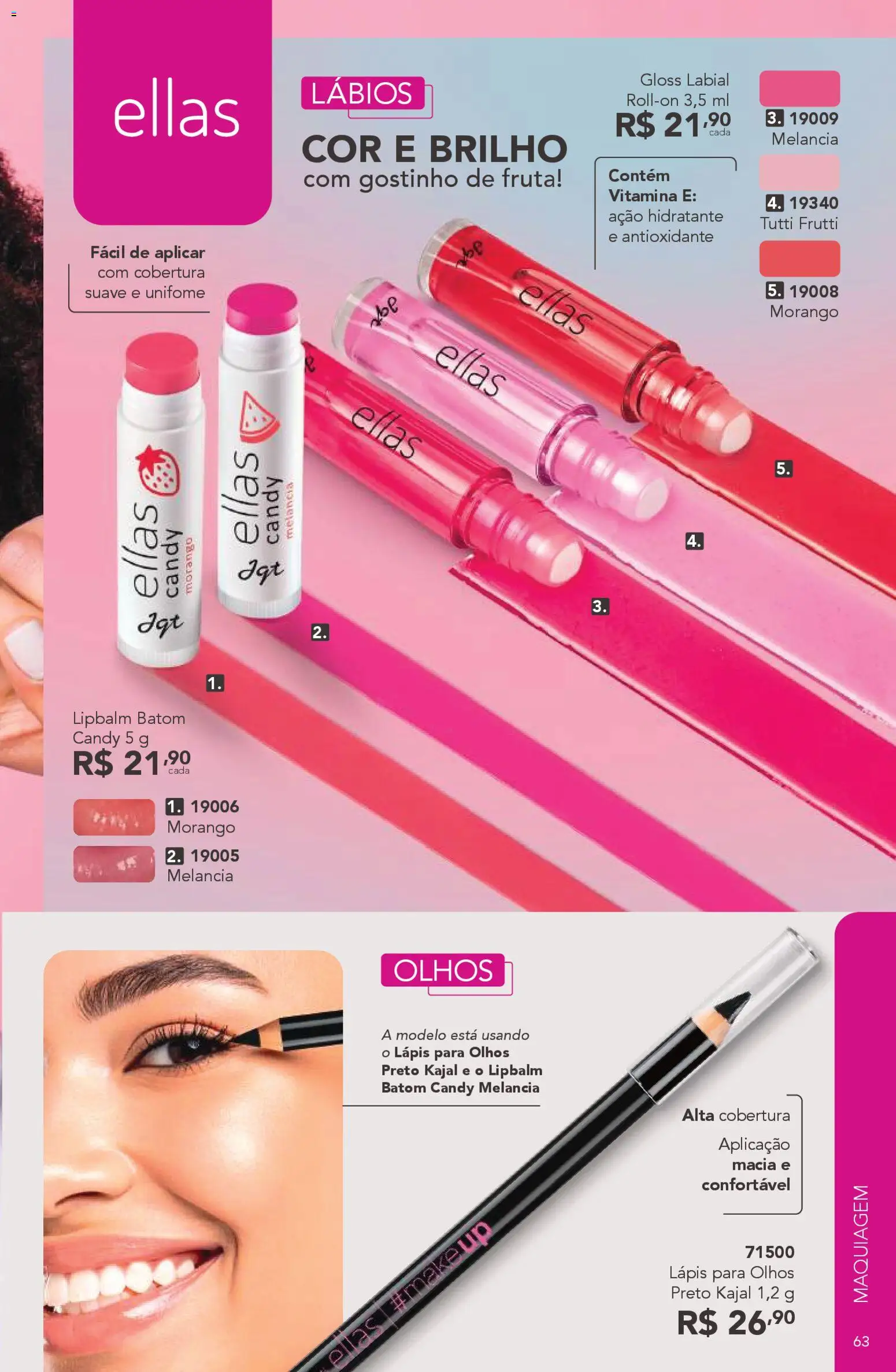 Jequiti Folheto - válido de 24.10.2025 | Página: 63 | Produtos: Maquiagem, Batom, Gloss labial, Lápis