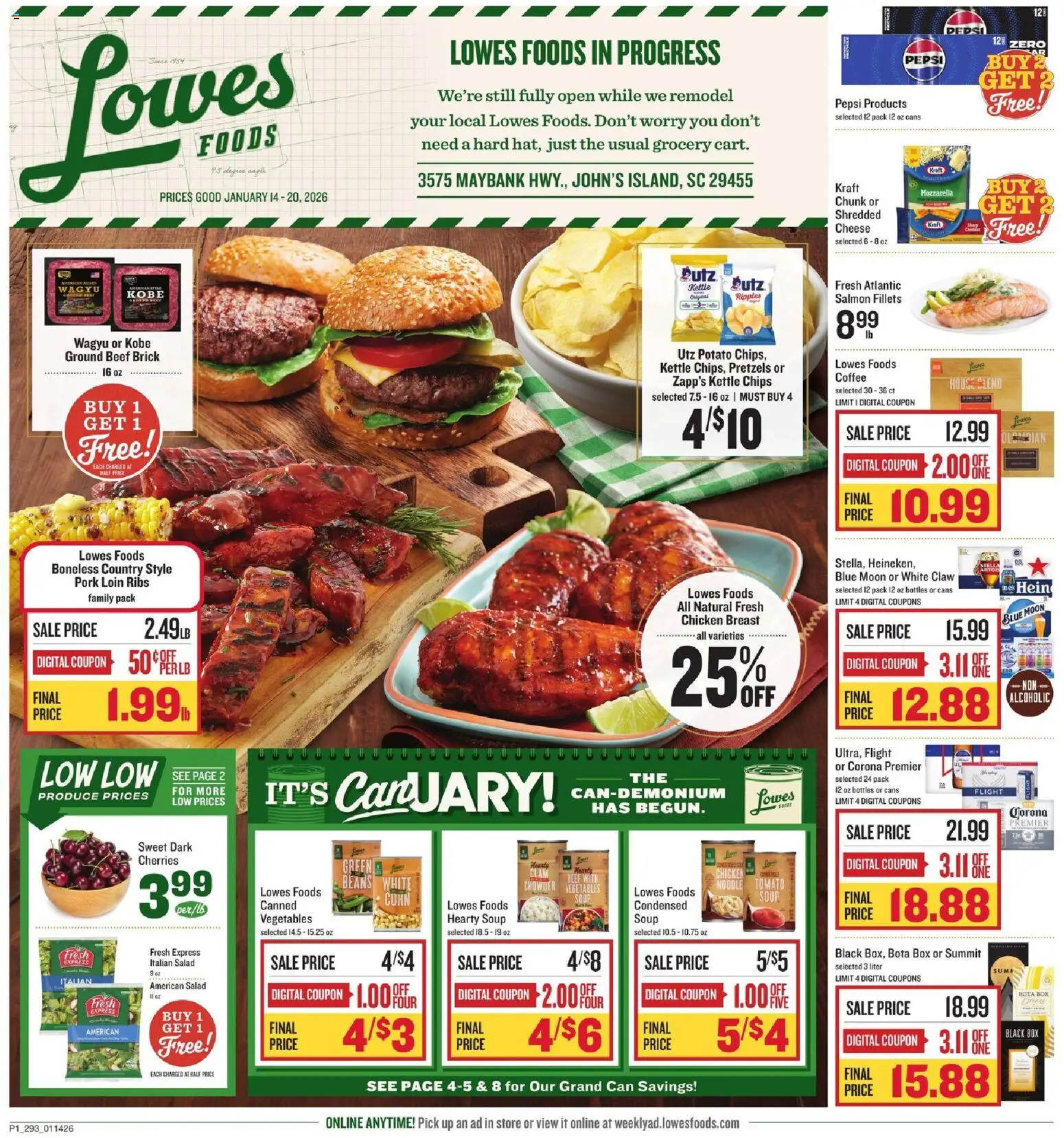 Lowes Foods Weekly Ad - SC - valid from 14.01.2026 | Page: 1 | Products: Box, Cheese, Vegetables, Kettle