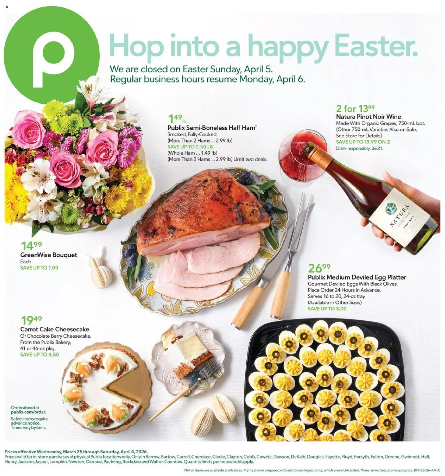 Publix Weekly Ad - valid from 25.03.2026 | Page: 1 | Products: Eggs, Chocolate, Ham, Cheesecake