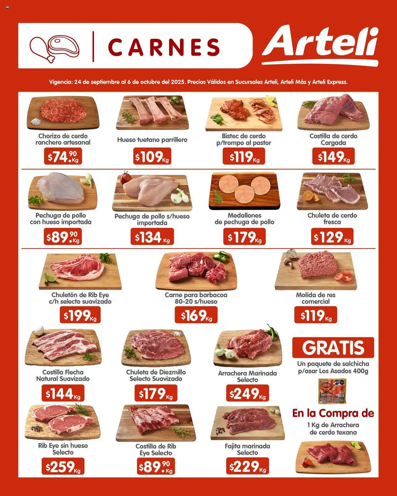 Nuevas ofertas de Arteli válidas en toda la República Mexicana desde el 24.09.2025. ¡Encuentra las mejores ofertas en Arteli - Folleto Quincenal! | Página: 9 | Productos: Pollo, Salchicha, Cerdo, Res