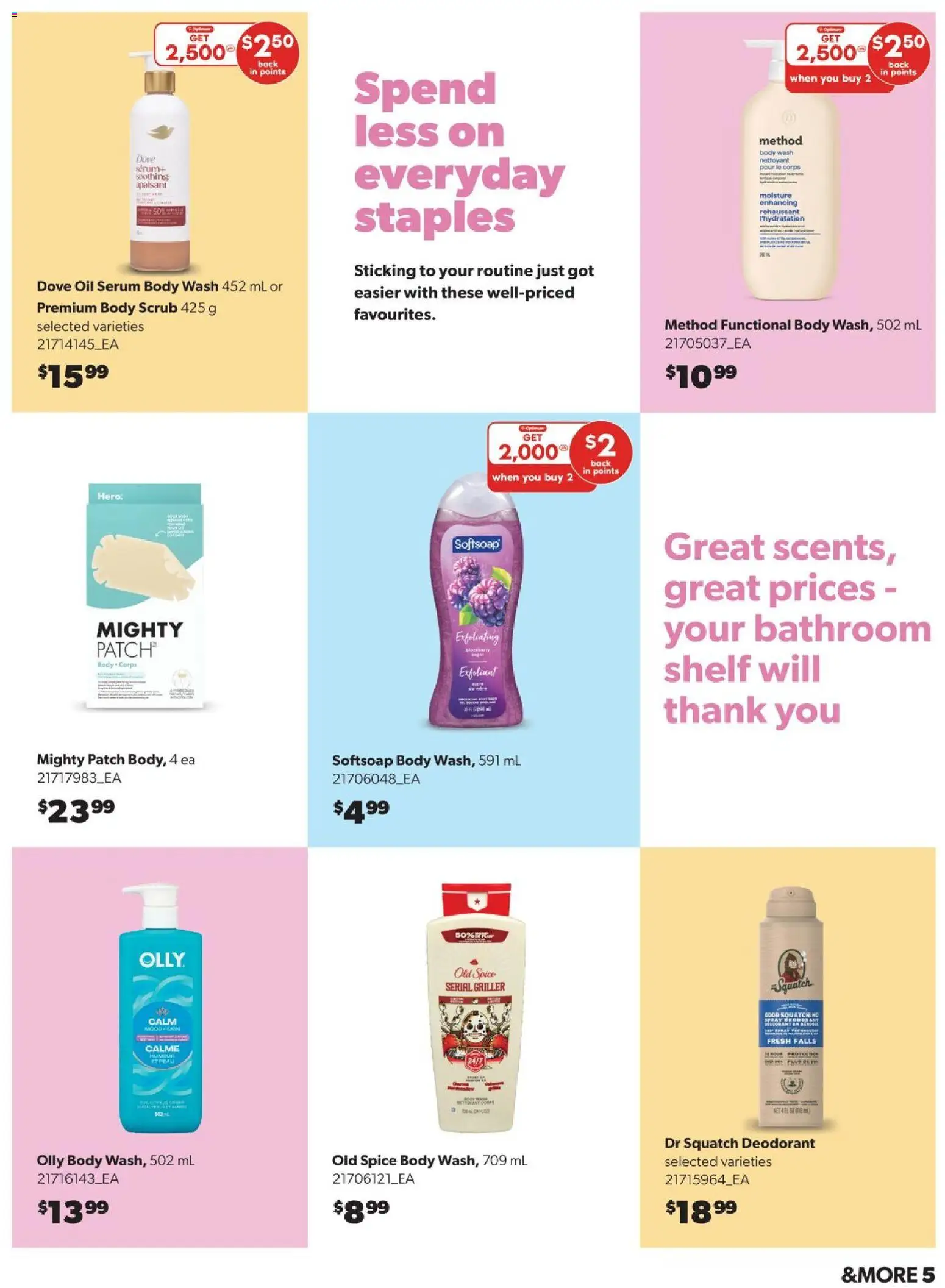 Real Canadian Superstore flyer valid from 19.03.2026 | Page: 5 | Products: Body wash, Deodorant, Shelf, Oil