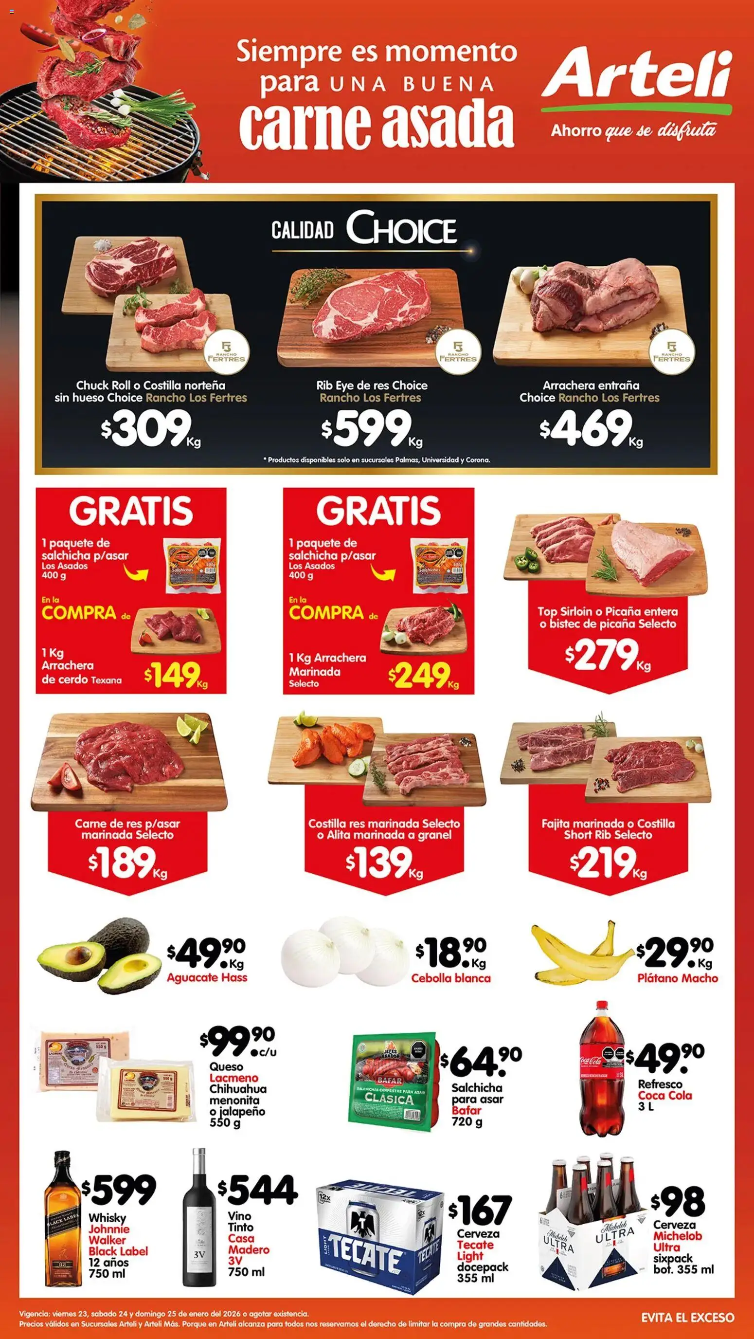 Nuevas ofertas de Arteli válidas en toda la República Mexicana desde el 23.01.2026. ¡Encuentra las mejores ofertas en Arteli folleto Carnita Asada! | Página: 1 | Productos: Salchicha, Cerveza, Res, Top
