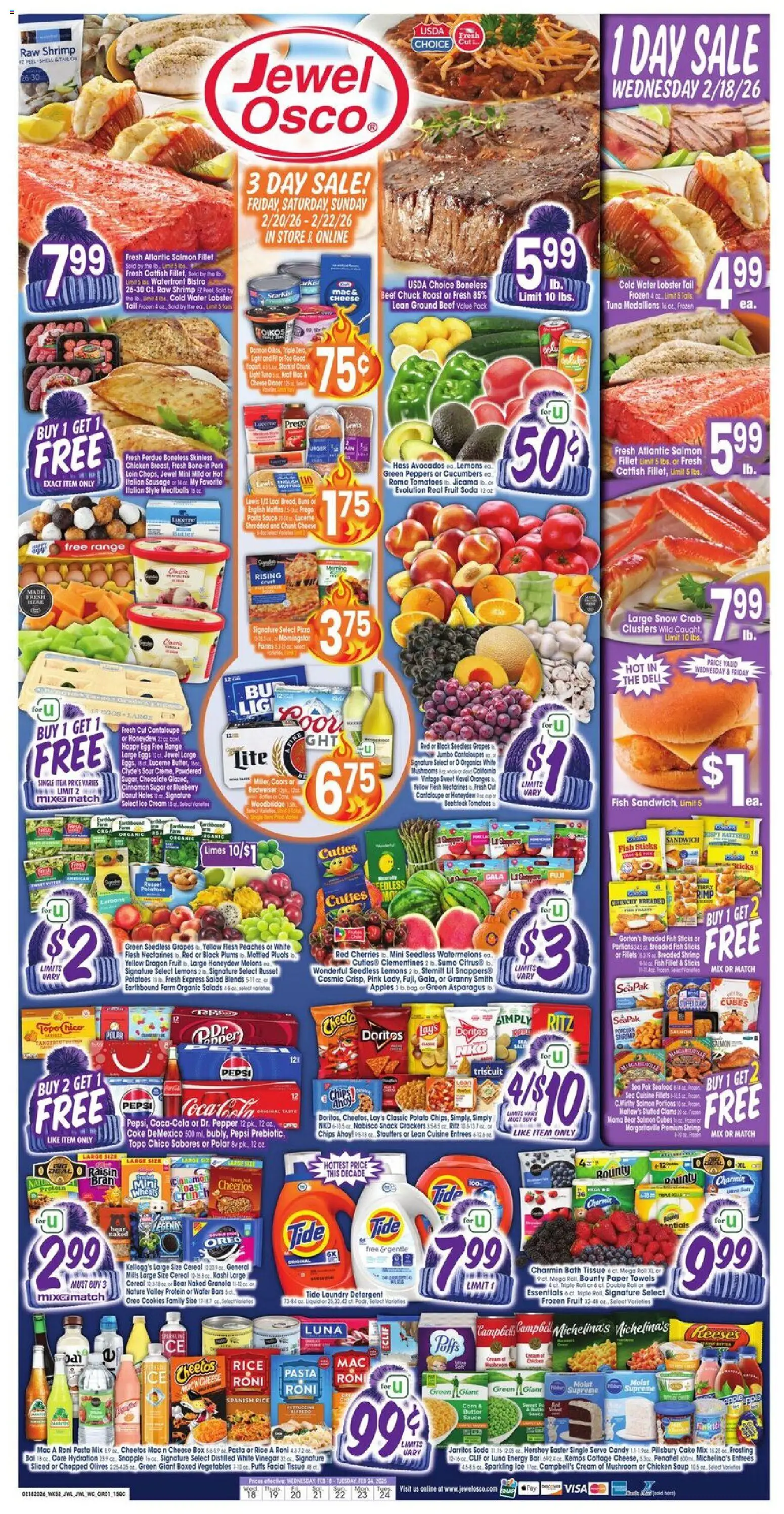Jewel Osco Weekly Ad - IL - valid from 18.02.2026 | Page: 1 | Products: Tomatoes, Cookies, Ice cream, Salad