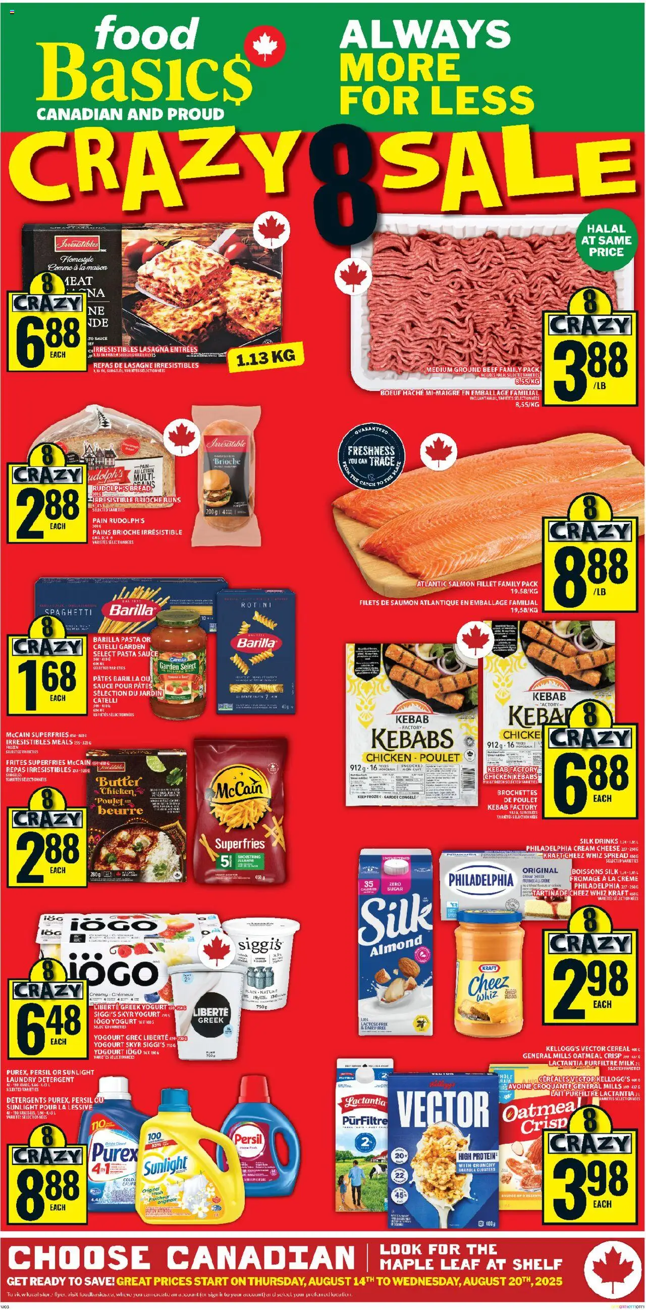 Food Basics flyer valid from 14.08.2025 | Page: 1 | Products: Shelf, Milk, Cheese, Bread
