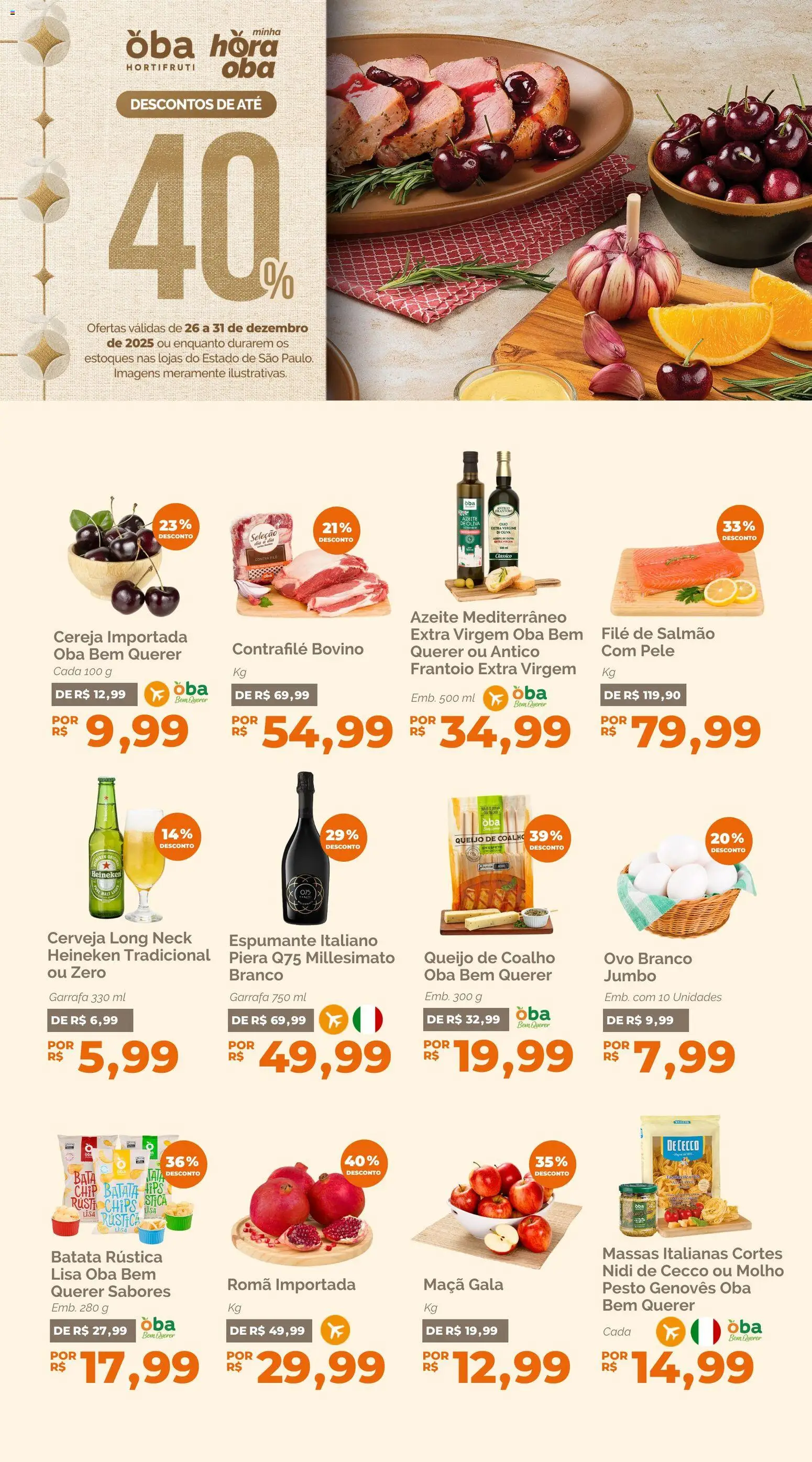 Oba Hortifruti Folheto - válido de 26.12.2025 | Página: 1 | Produtos: Contra filé, Queijo, Cerveja, Heineken