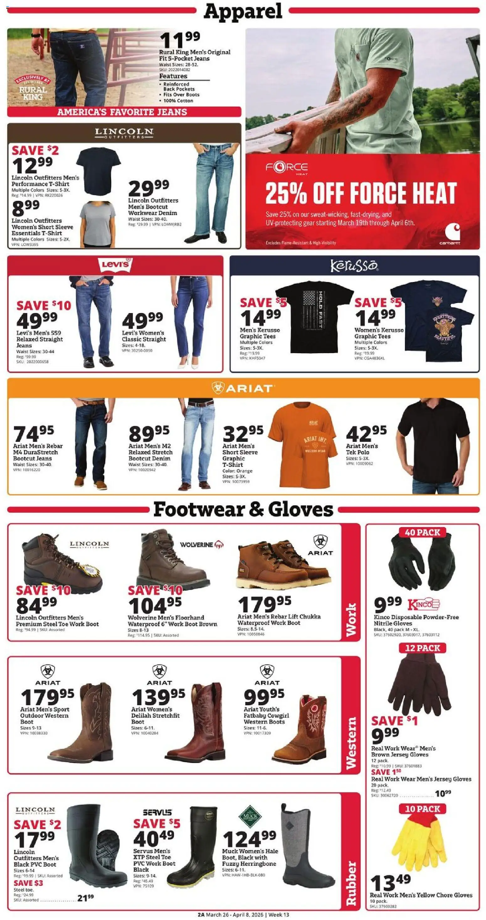 Rural King Weekly Ad - valid from 26.03.2026 | Page: 2 | Products: Workwear, Boots, Gloves, Jeans