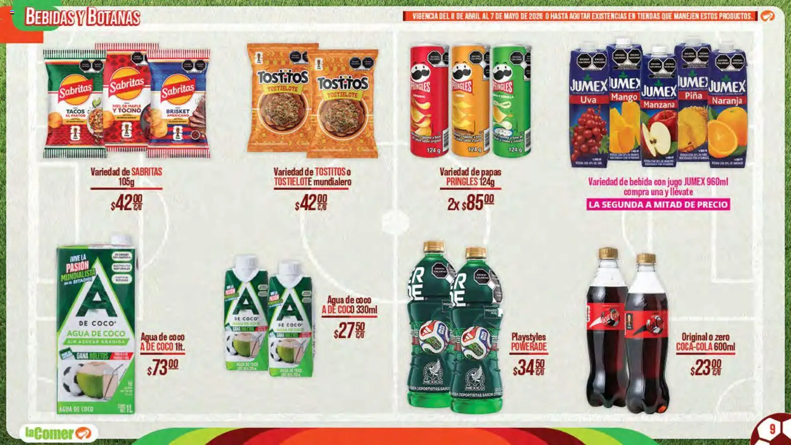 Nuevas ofertas de La Comer válidas en toda la República Mexicana desde el 08.04.2026. ¡Encuentra las mejores ofertas en La Comer folleto Patrocinador oficial del jugador No.12! | Página: 9 | Productos: Tocino, Manzana, Agua, Mango