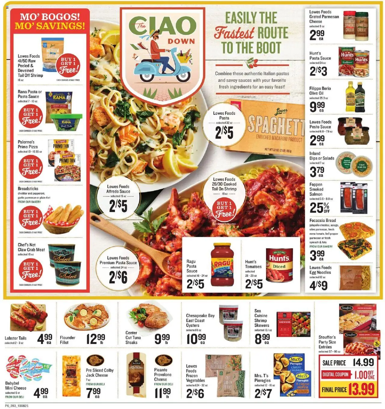 Lowes Foods Ad - valid from 08.10.2025 | Page: 6 | Products: Cheese, Bread, Pasta, Vegetables
