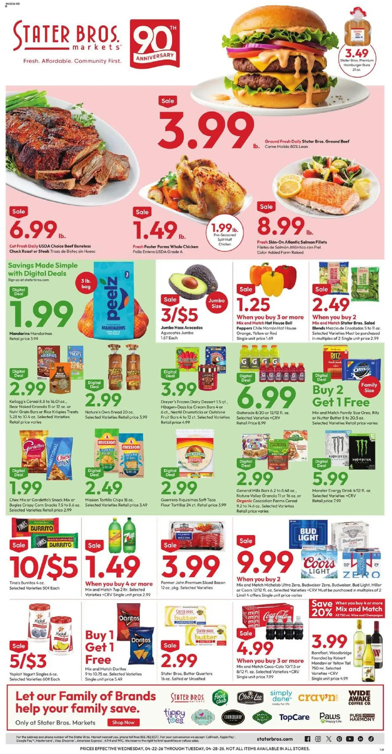 Stater Bros Weekly Ad - valid from 22.04.2026 | Page: 1 | Products: Butter, Beef, Ice cream, Phone