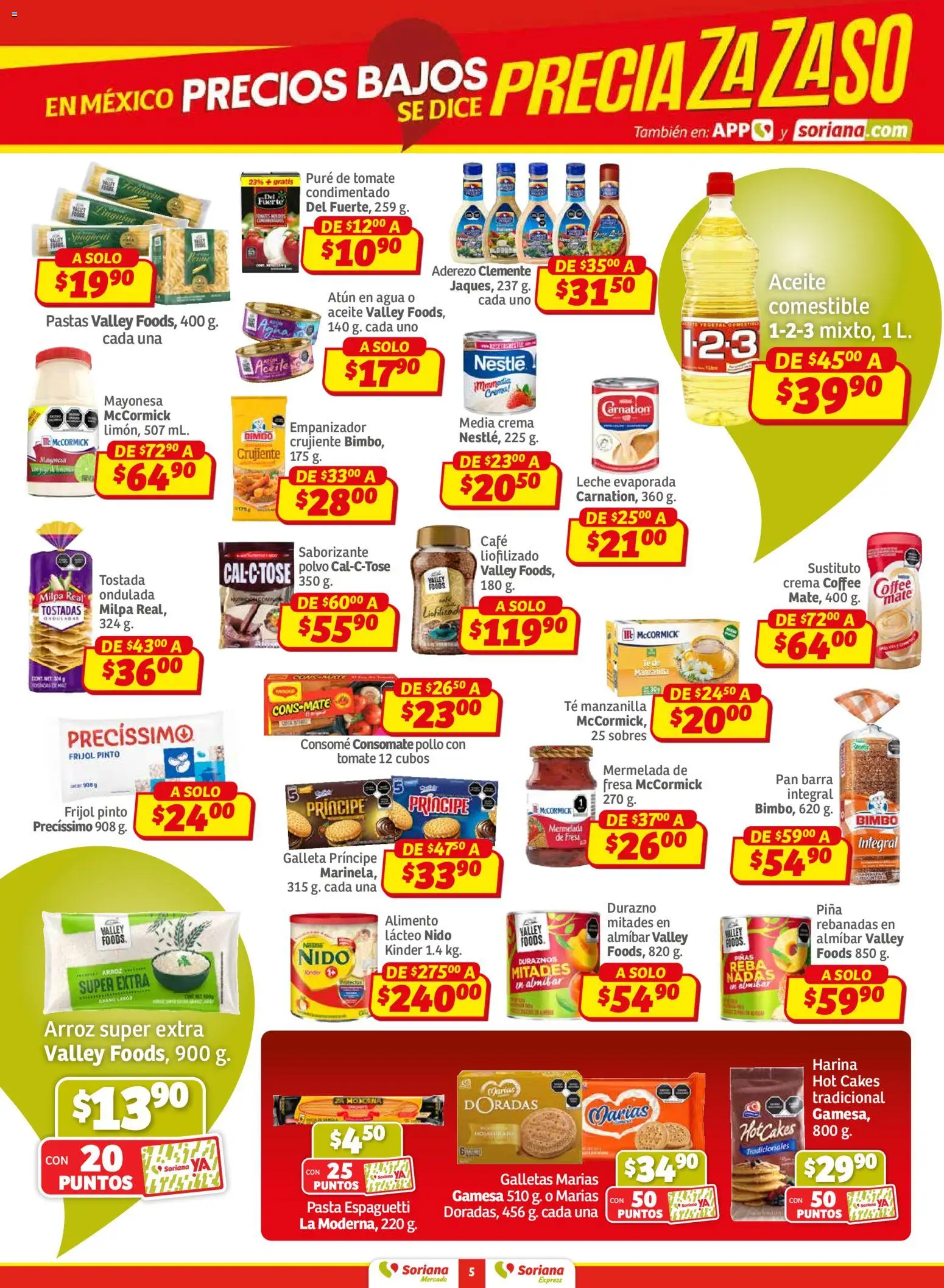 Nuevas ofertas de Soriana válidas en toda la República Mexicana desde el 02.01.2026. ¡Encuentra las mejores ofertas en Soriana - Pesito Valedor Mercado: Nay, Sin, Son ! | Página: 5 | Productos: Pollo, Leche, Arroz, Piña