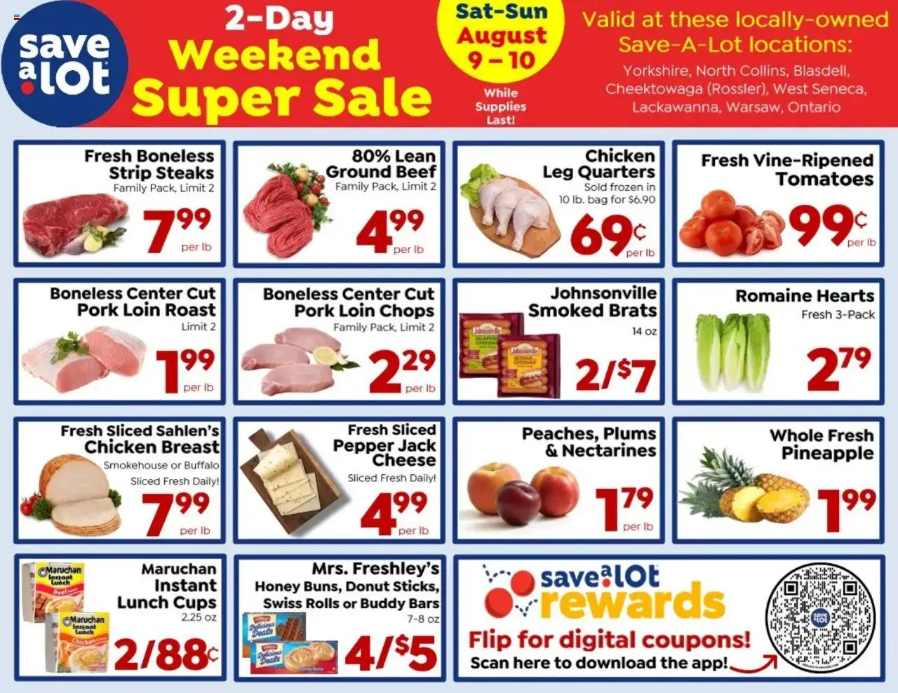Save a Lot Ad - valid from 04.08.2025 | Page: 1 | Products: Pork, Pineapple, Pepper, Bag