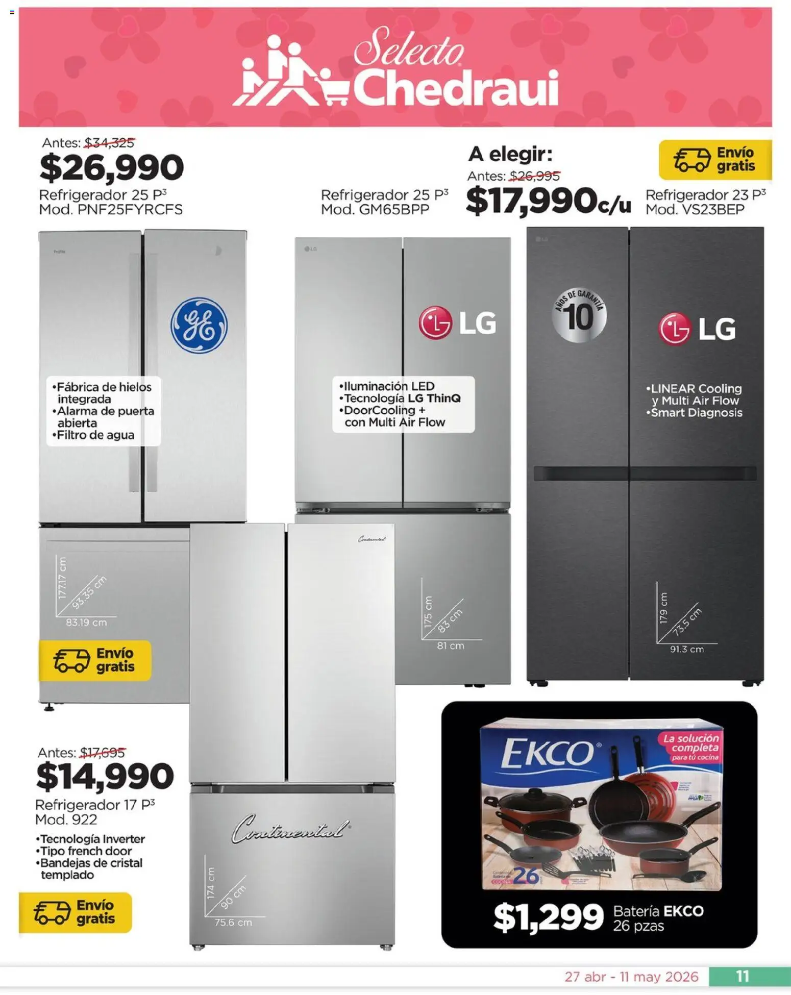 Nuevas ofertas de Chedraui válidas en toda la República Mexicana desde el 27.04.2026. ¡Encuentra las mejores ofertas en Chedraui folleto Día de la Madres! | Página: 11 | Productos: Refrigerador, Agua, Alarma, Batería