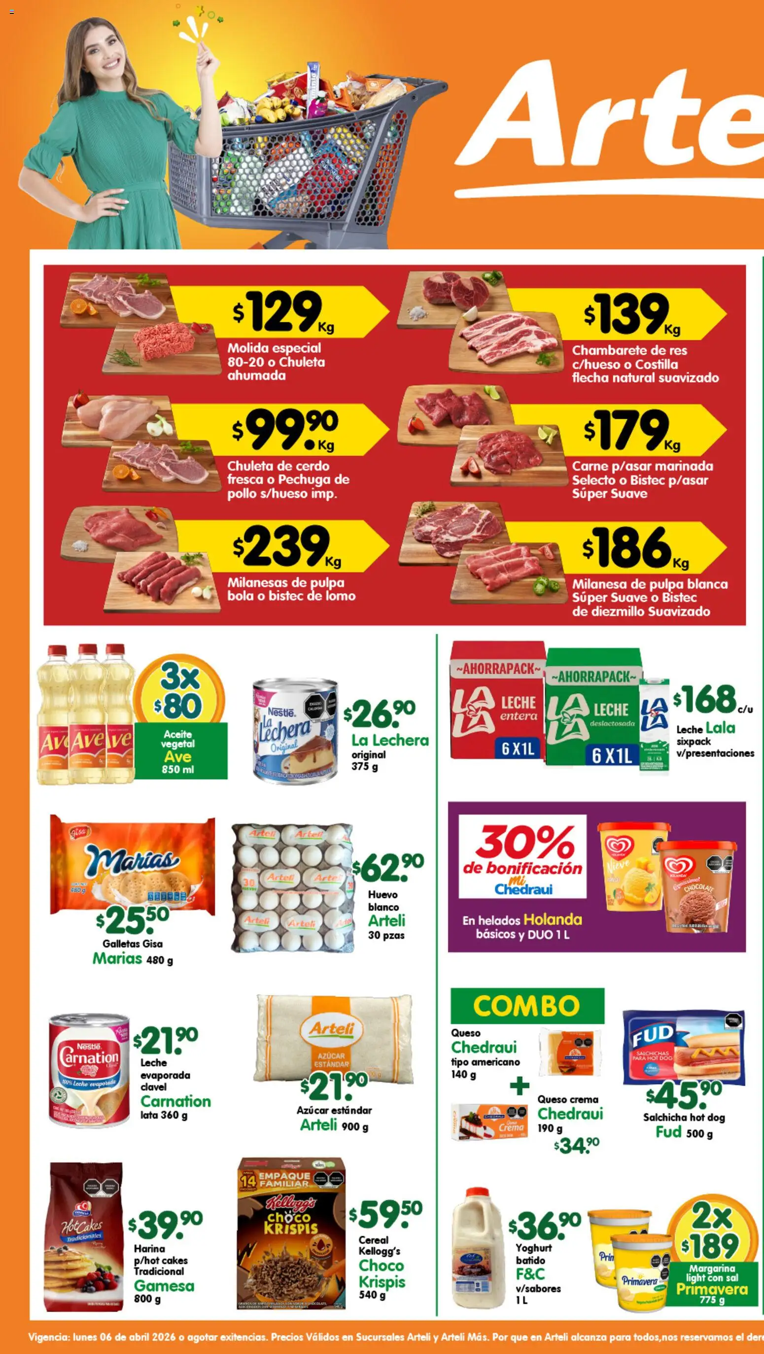Nuevas ofertas de Arteli válidas en toda la República Mexicana desde el 06.04.2026. ¡Encuentra las mejores ofertas en Arteli folleto Valles! | Página: 1 | Productos: Salchicha, Queso crema, Leche, Margarina