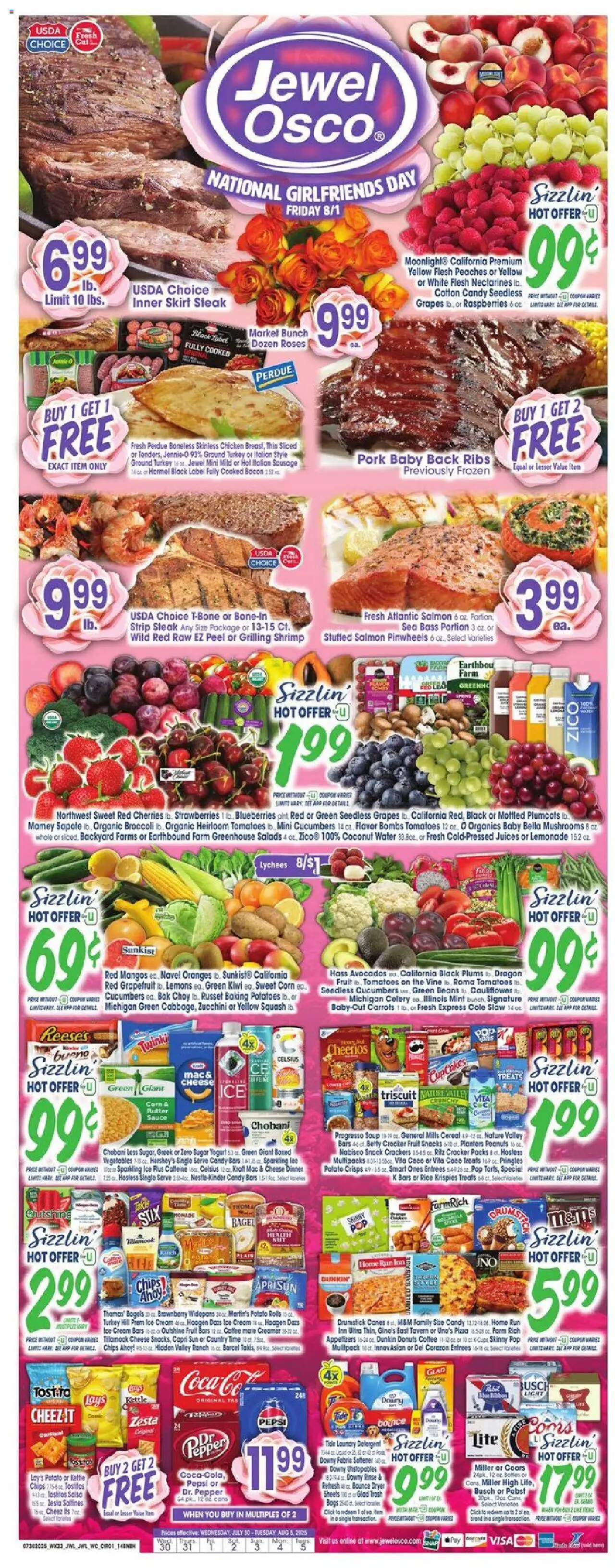 Jewel Osco Weekly Ad - valid from 30.07.2025 | Page: 1 | Products: Squash, Water, Vegetables, Cauliflower