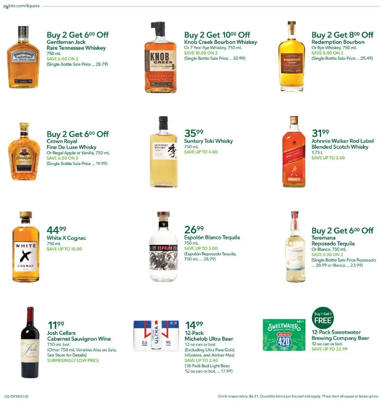Publix Liquor - valid from 18.09.2025 | Page: 2 | Products: Wine, Beer, Bourbon, Whiskey