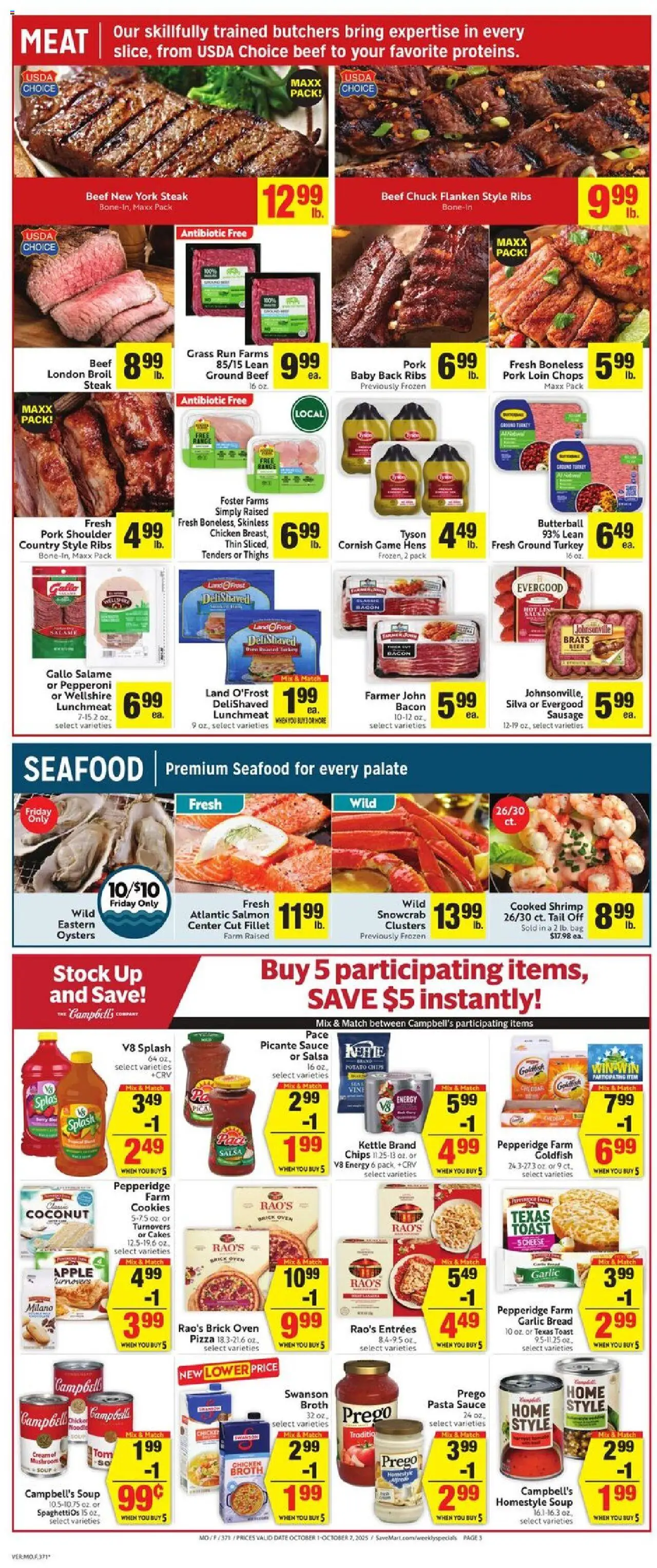 Save Mart Weekly Ad - valid from 01.10.2025 | Page: 5 | Products: Pasta, Chips, Seafood, Sausage