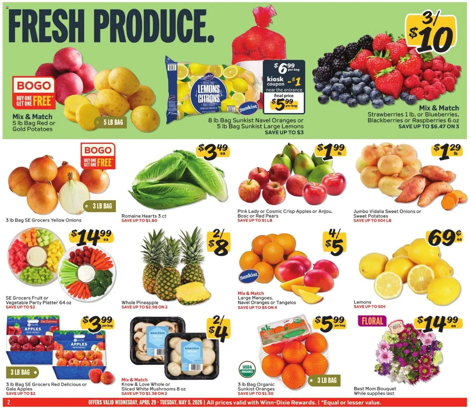 Winn Dixie Weekly Ad - valid from 29.04.2026 | Page: 2 | Products: Mushrooms, Strawberries, Potatoes, Bag