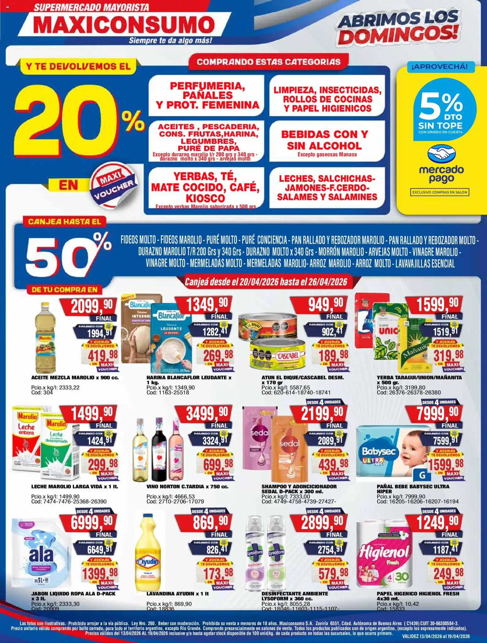 Maxiconsumo ofertas │ válido desde el 20.04.2026 | Página: 1 | Productos: Vinagre, Leche, Arroz, Pañales