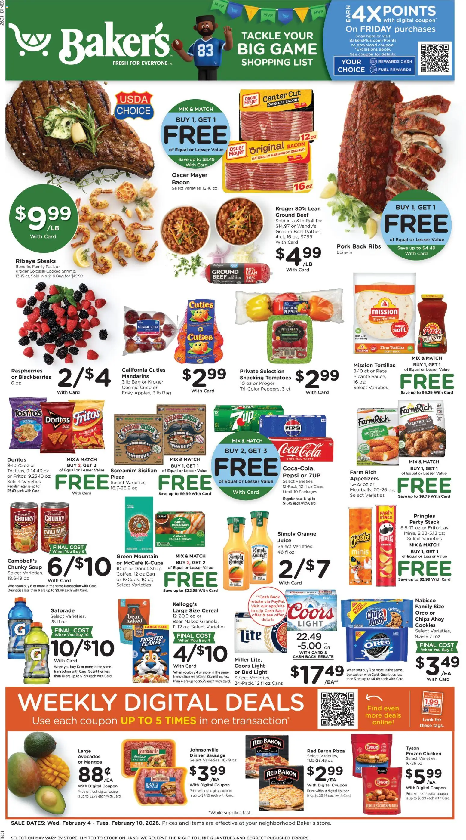 Baker's Weekly Ad - valid from 04.02.2026 | Page: 1 | Products: Mandarins, Pork, Chips, Bag