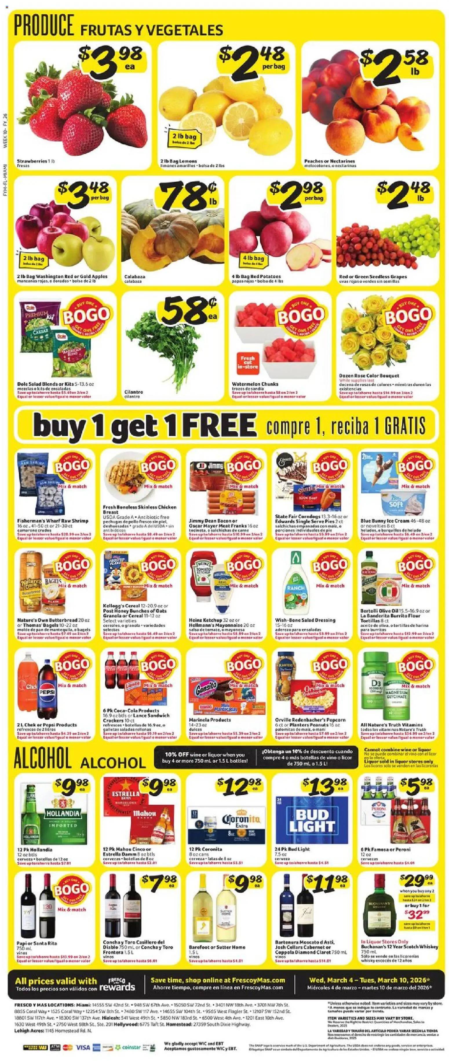 Fresco y Más Weekly Ad - valid from 04.03.2026 | Page: 4 | Products: Peaches, Pan, Strawberries, Grapes