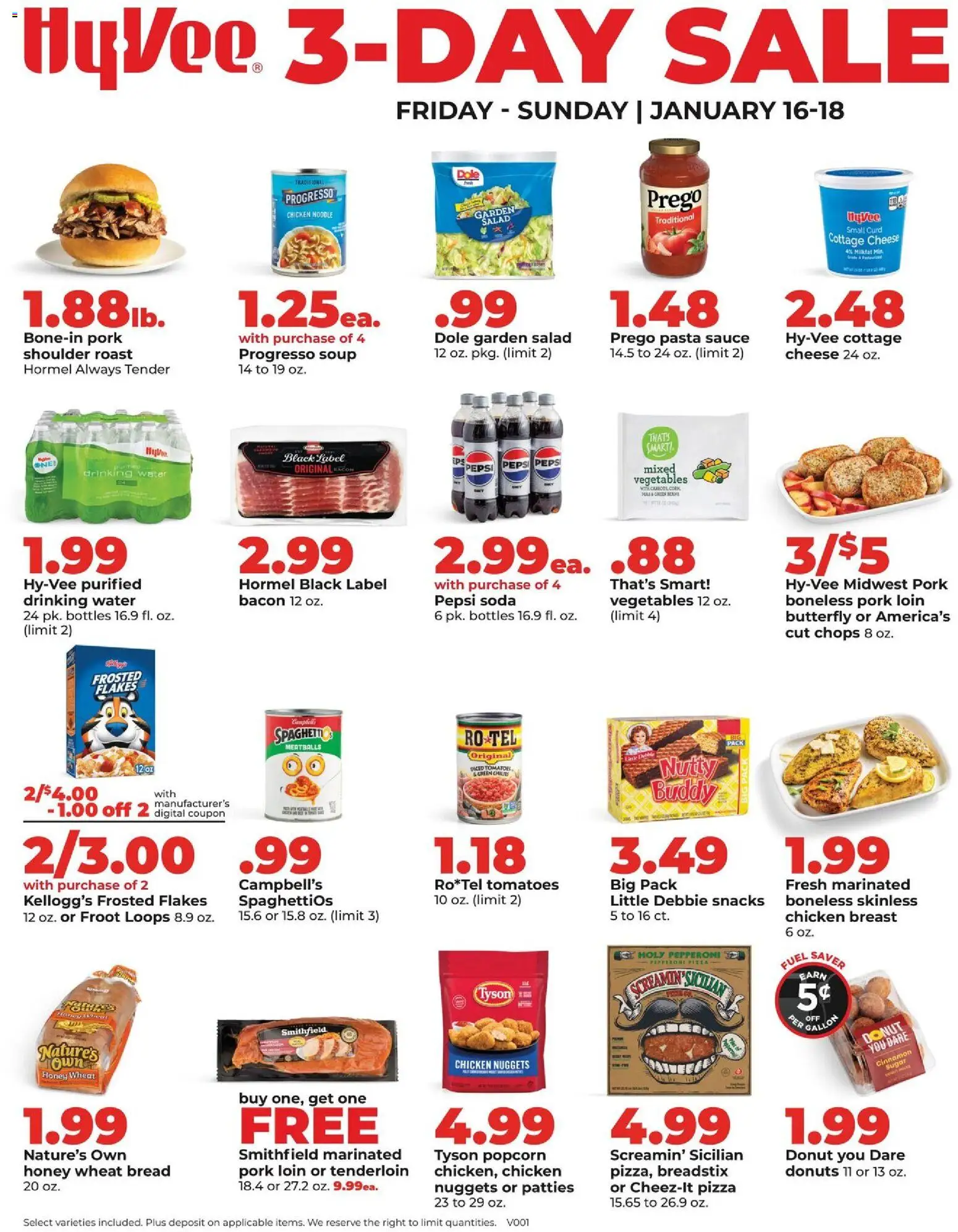 HyVee 3 Day Sale - valid from 16.01.2026 | Page: 1 | Products: Bread, Cottage cheese, Water, Sauce