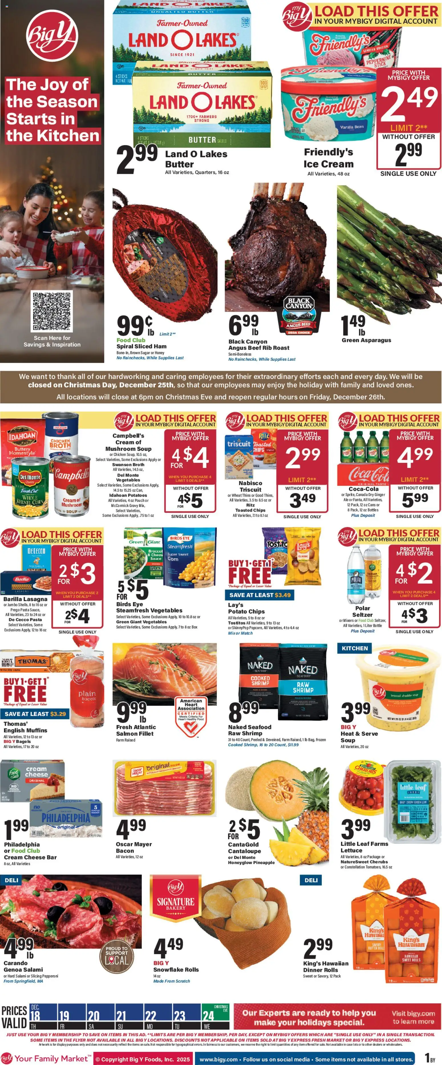 Big Y Weekly Ad - valid from 18.12.2025 | Page: 1 | Products: Butter, Ham, Pineapple, Ice cream
