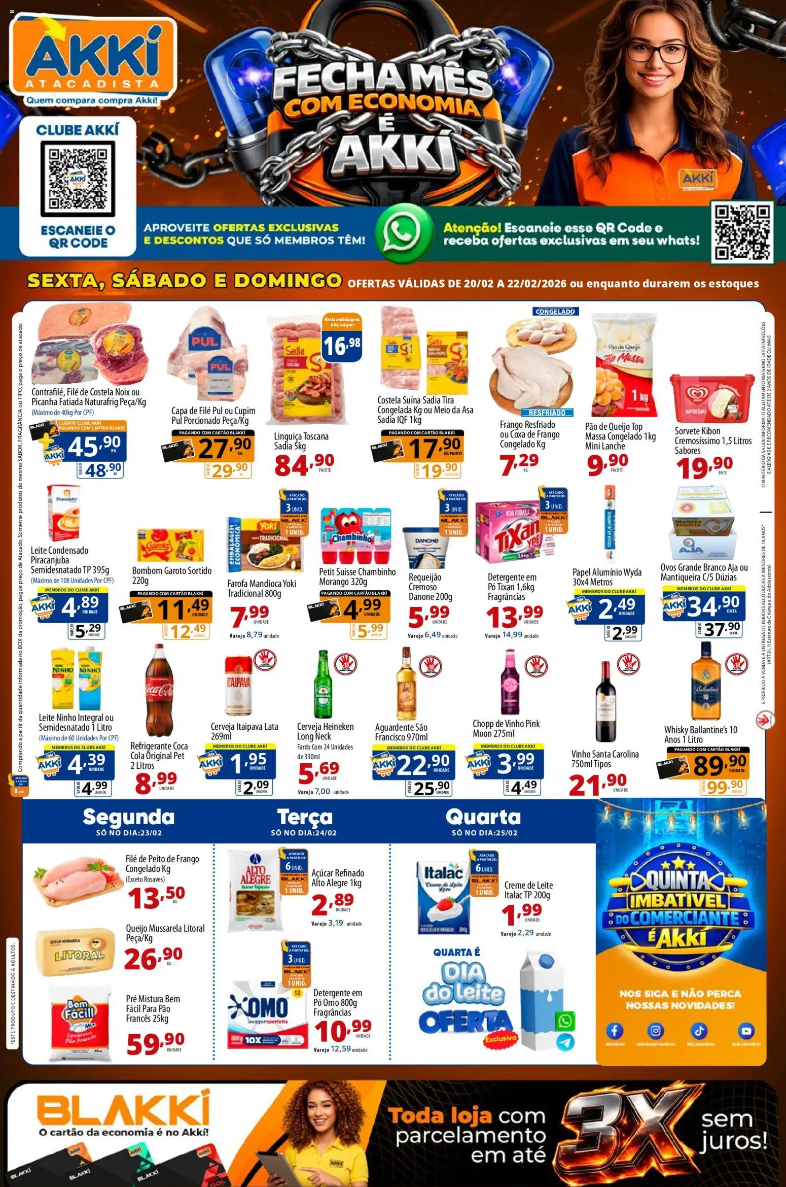Akki Atacadista Folheto - válido de 20.02.2026 | Página: 1 | Produtos: Detergente, Cerveja Heineken, Farofa, Mussarela