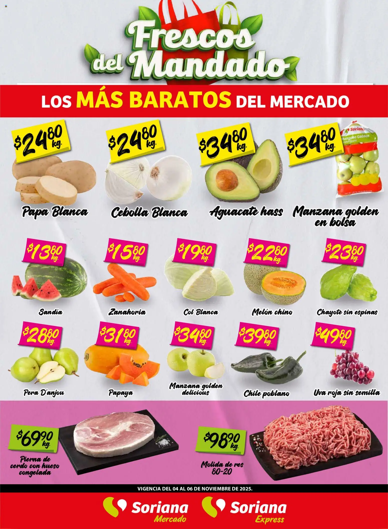Nuevas ofertas de Soriana válidas en toda la República Mexicana desde el 04.11.2025. ¡Encuentra las mejores ofertas en Soriana - Frescos del Mandado Mercado: Coah, Chih y Dur! | Página: 1 | Productos: Papa, Melón, Col, Zanahoria