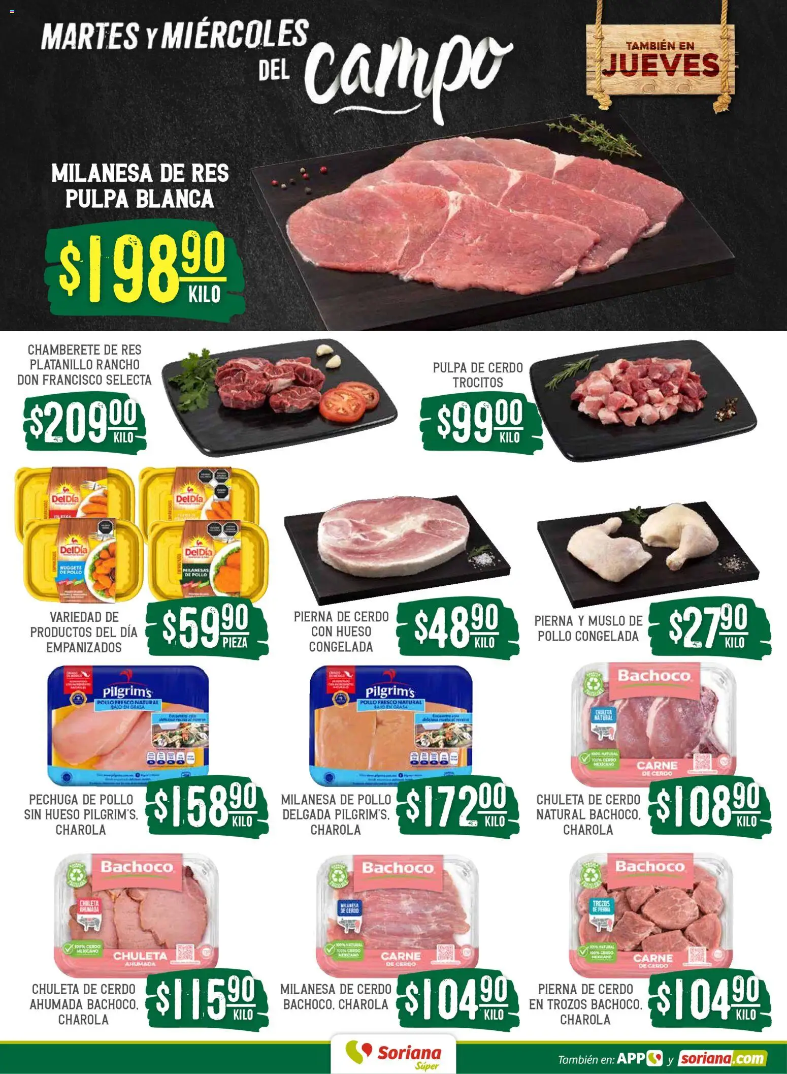 Nuevas ofertas de Soriana válidas en toda la República Mexicana desde el 28.04.2026. ¡Encuentra las mejores ofertas en Soriana Martes y Miércoles del Campo Súper: Juárez! | Página: 4 | Productos: Pollo, Milanesa, Cerdo, Res